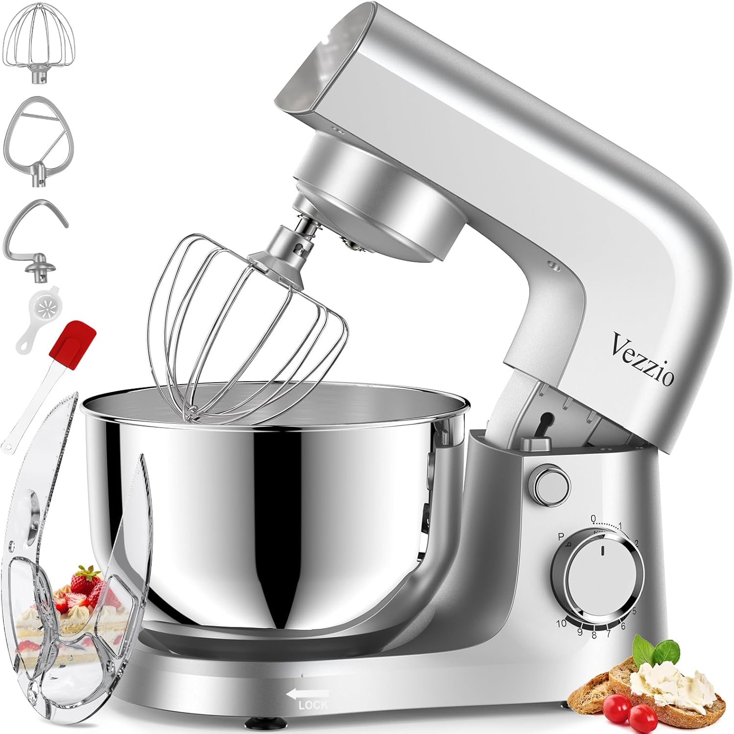 Vezzio Small Stand Mixer,4.5 liters Food Mixers for Baking,1500W 10-Speed Kitchen Cake Mixers,Electric Kitchen Mixers with Small form-factor, Easy to use and Lightweight(4.5L, Silver)