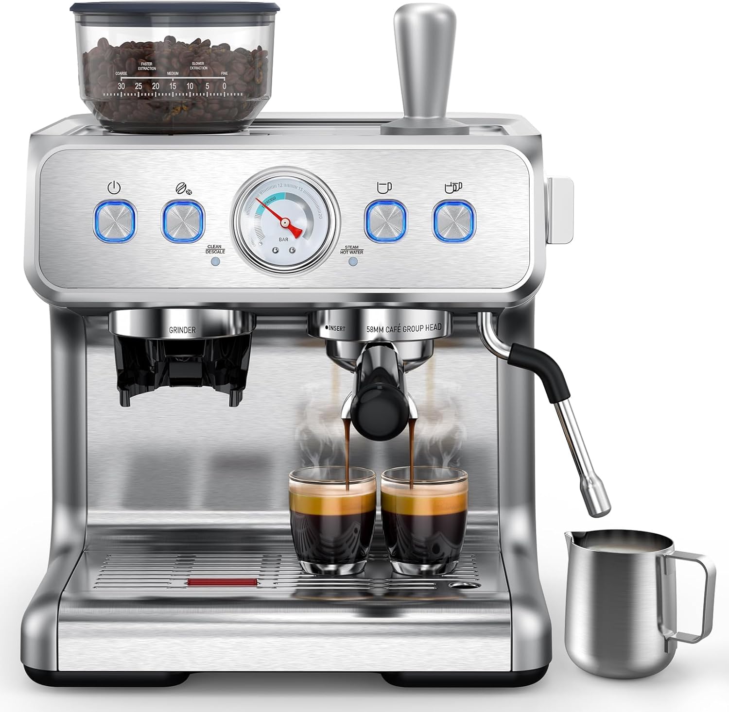 COWSAR 2025 Upgraded Espresso Machine 15 Bar, Semi-Automatic Espresso Maker with Bean Grinder and Milk Frother Steam Wand, 75 Oz Removable Water Tank for Cappuccino, Latte, Stainless Steel