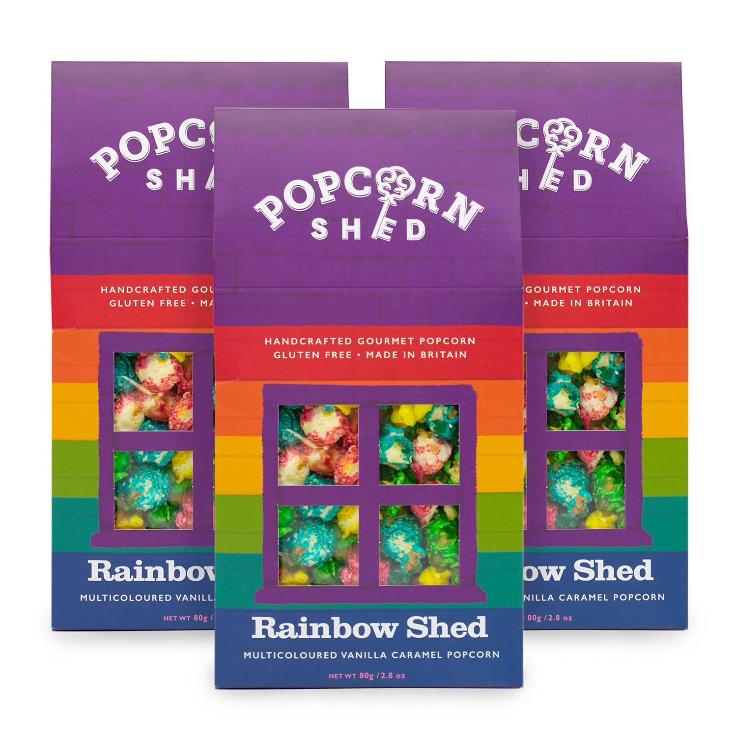 Popcorn Shed 3 x Rainbow Gourmet Popcorn Sheds, Multicoloured Vanilla Caramel Flavored Popcorn, 8.5 oz, British Popcorn, Imported from UK