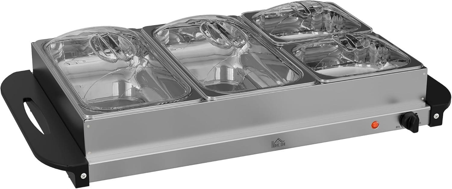 HOMCOM 4 Tray Electric Food Warmer Buffet Server with Warming Plate, Cool Touch Handles, Adjustable Temperature, 300W, 2 x 2.4L and 2 x 1L Pans