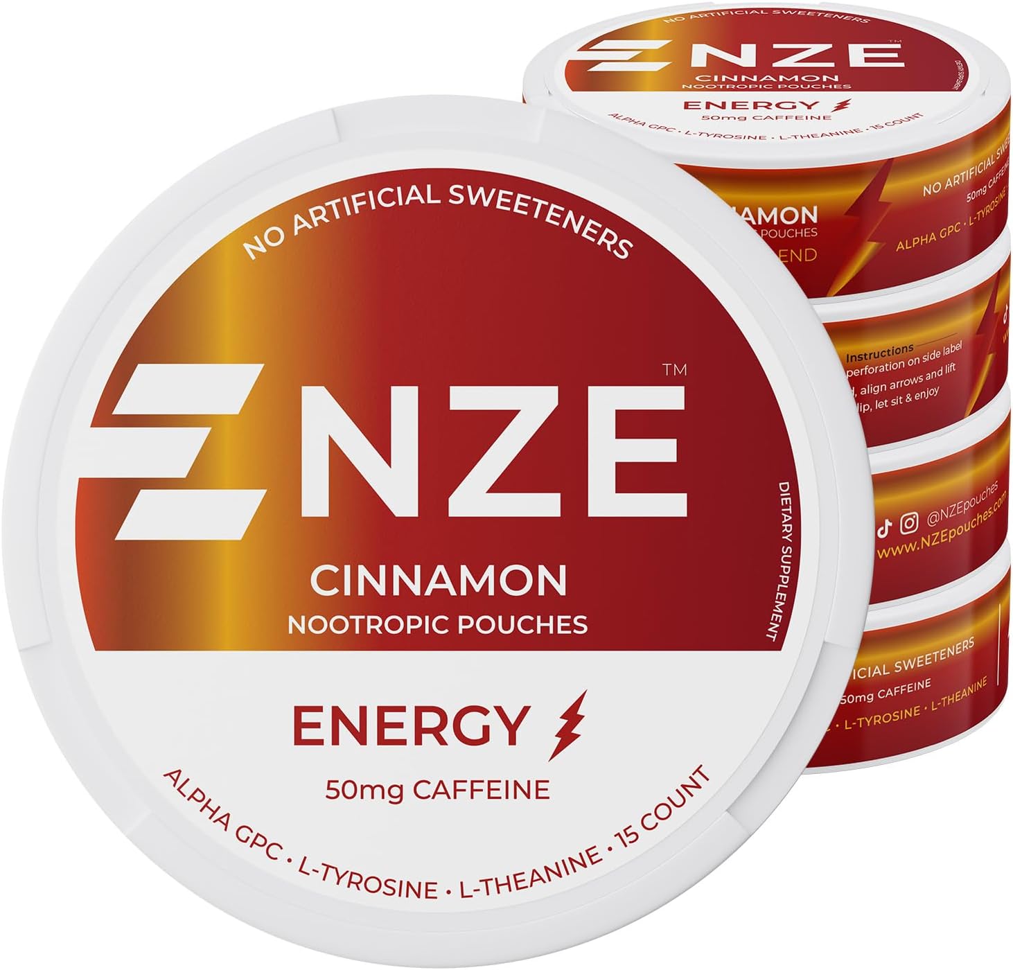 NZE Caffeine Nootropic Pouches (Cinnamon) - Energy Pouches with 50mg Caffeine, Alpha GPC, L-Tyrosine & L-Theanine with No Sugar or Artificial Sweeteners - 15 Pouches Per Can - 5 Pack