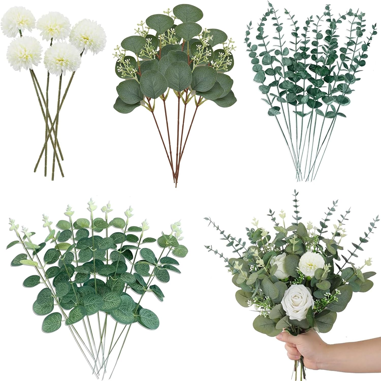 30PCS Artificial Eucalyptus Stems and Hydrangea Flowers, Mixed Artificial Eucalyptus Leaves Faux Greenery Branches Plants for Diy Bridal Bouquet Wedding Decoration