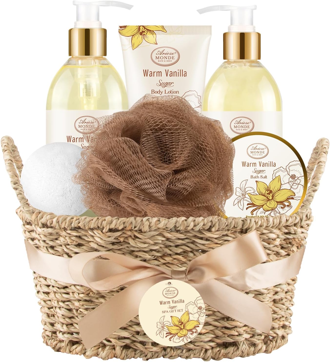 ArioseMonde Bath & Shower Spa Basket Gift Set, Warm Vanilla Sugar Scent, Whole Body, Moisturizing
