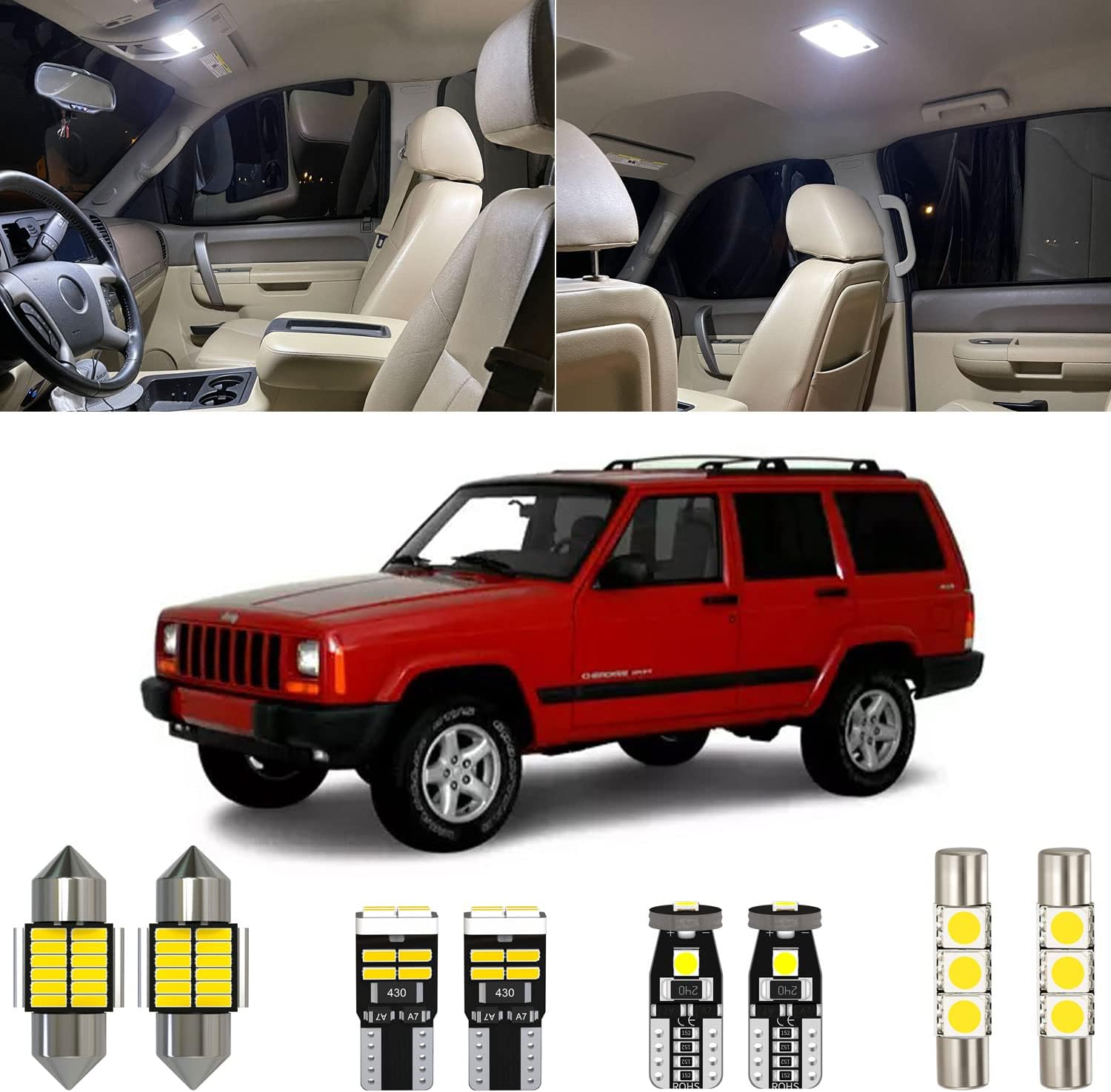 14 Piece 6000K White Cherokee Interior LED Light Kit Package Replacement for Jeep Cherokee XJ 1997 1998 1999 2000 2001, with Placement Diagram and Install Tool