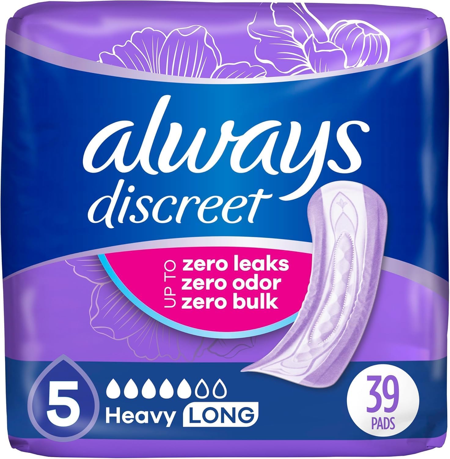 Always Discreet Adult Incontinence Pads for Women, Heavy Absorbency, Long Length, Postpartum Pads, Up to 100% Bladder Leak Protection, 39 Count (Packaging May Vary)
