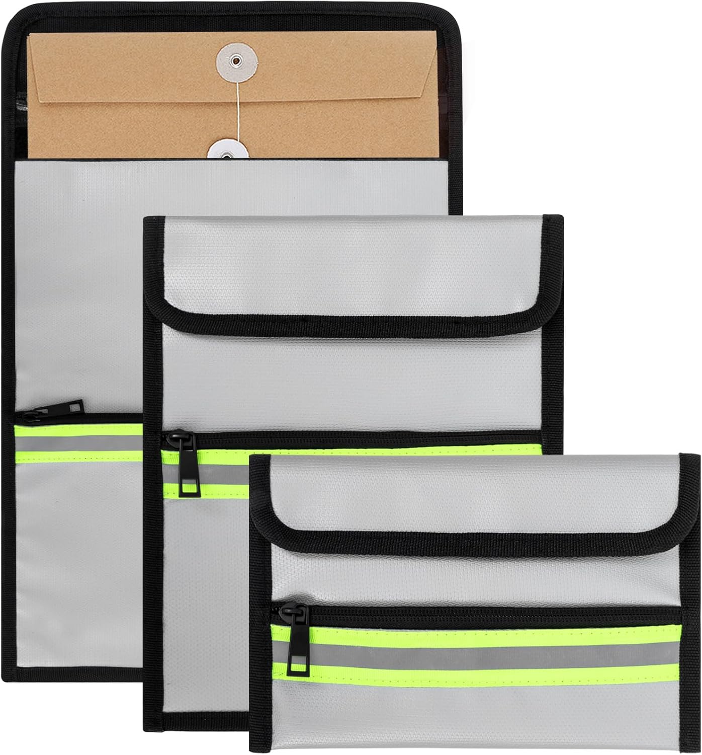 Honoson 3 Pack Fireproof Waterproof Document Bag with 2 Pockets and Reflective Strip 15x11 10x7.8 5x8 Fire and Water Safe Zipper Storage Organizer Pouch for A5 A4 Files Cash Jewelry Passport Tablet