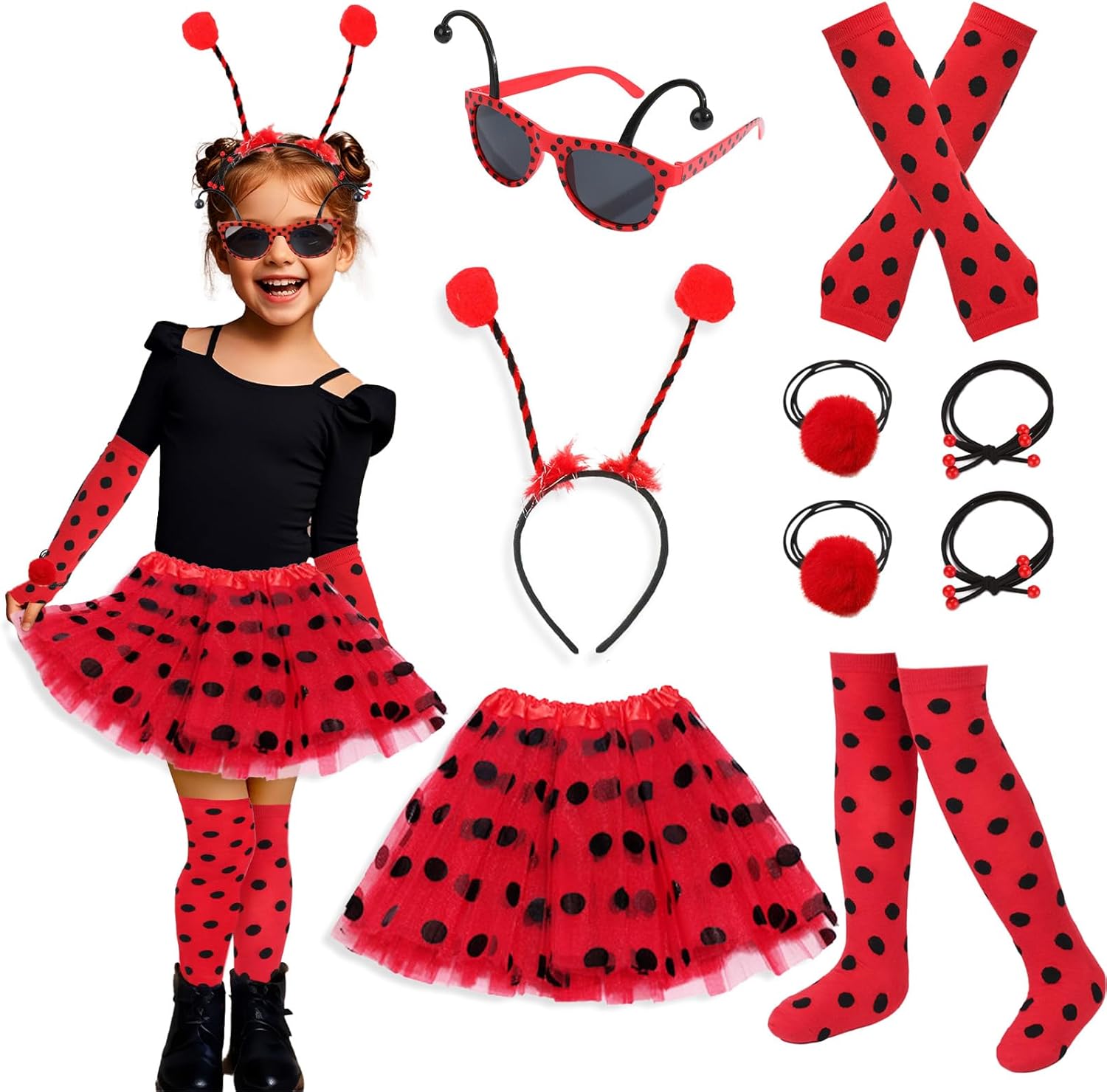 9 Pcs Ladybird Costume Kids, Spotty Tutu for Girls Fancy Dress, Animal costume Kids with Accessories, Party Outfit Performance Costume Sets, Halloween World Book Day Costumes for Girls Cosplay