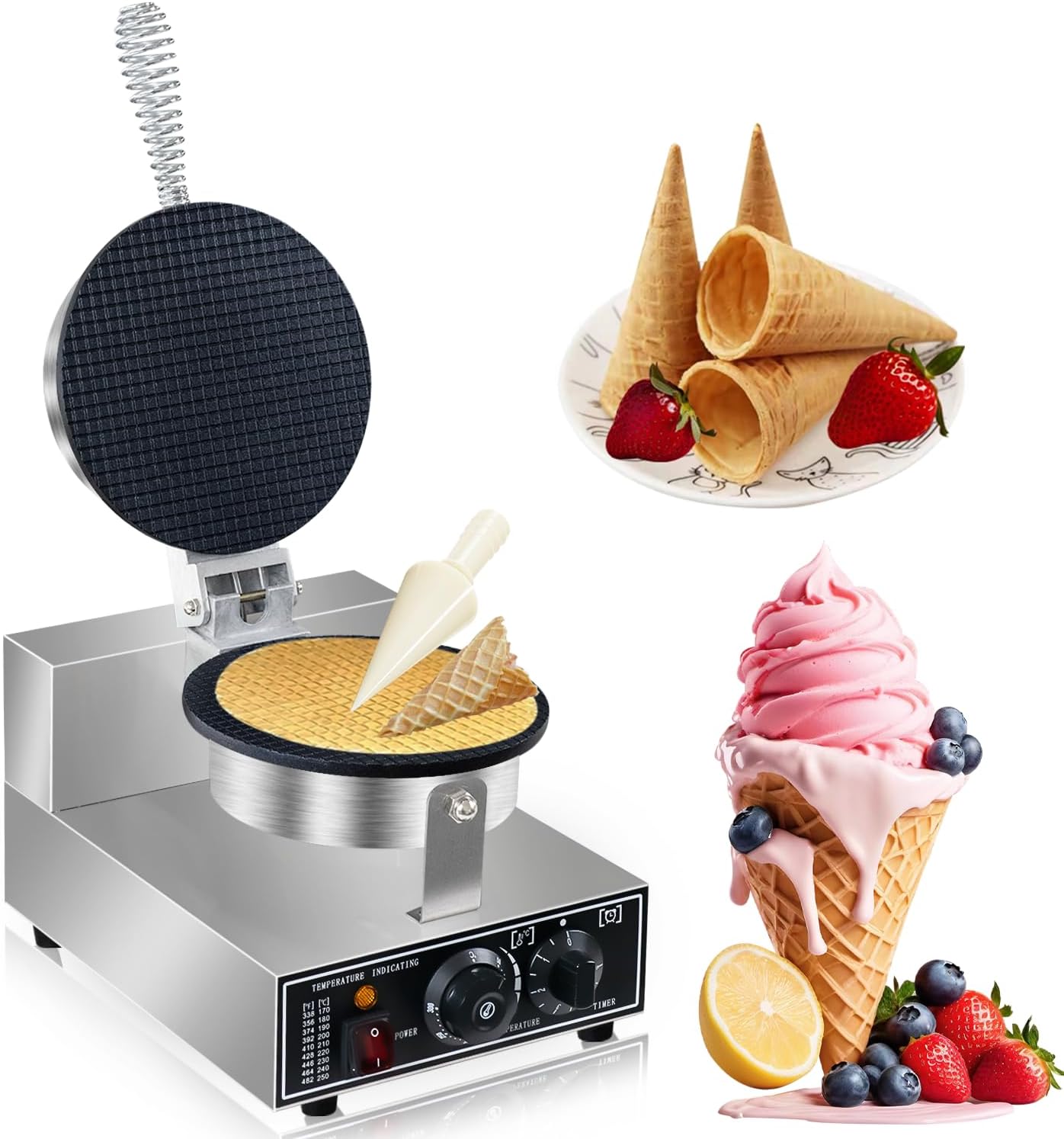 110V Electric Ice Cream Cone Maker 1300W Commercial Waffle Cone Machine 1300W Electric Stainless Steel Egg Cone Baker Non Stick coating with Temp & Time Control for for Restaurant Bakeries