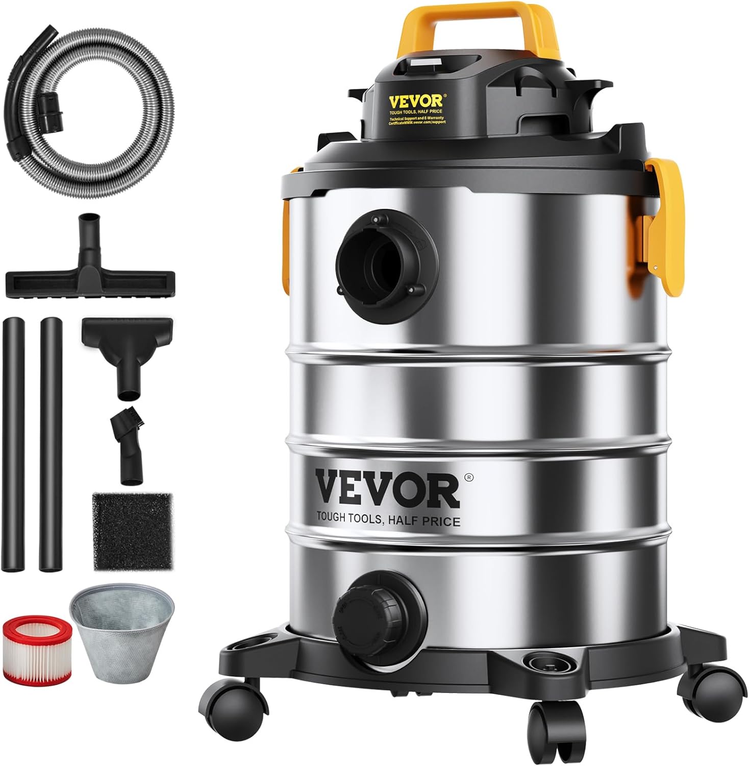 VEVOR Stainless Steel Shop Vac Wet and Dry Vacuum Cleaner 8 Gallon 6 Peak HP - Powerful Suction with Blower Function & Attachments 2-in-1 Crevice Nozzle - Perfect for Car Carpet Debris Pet Hair