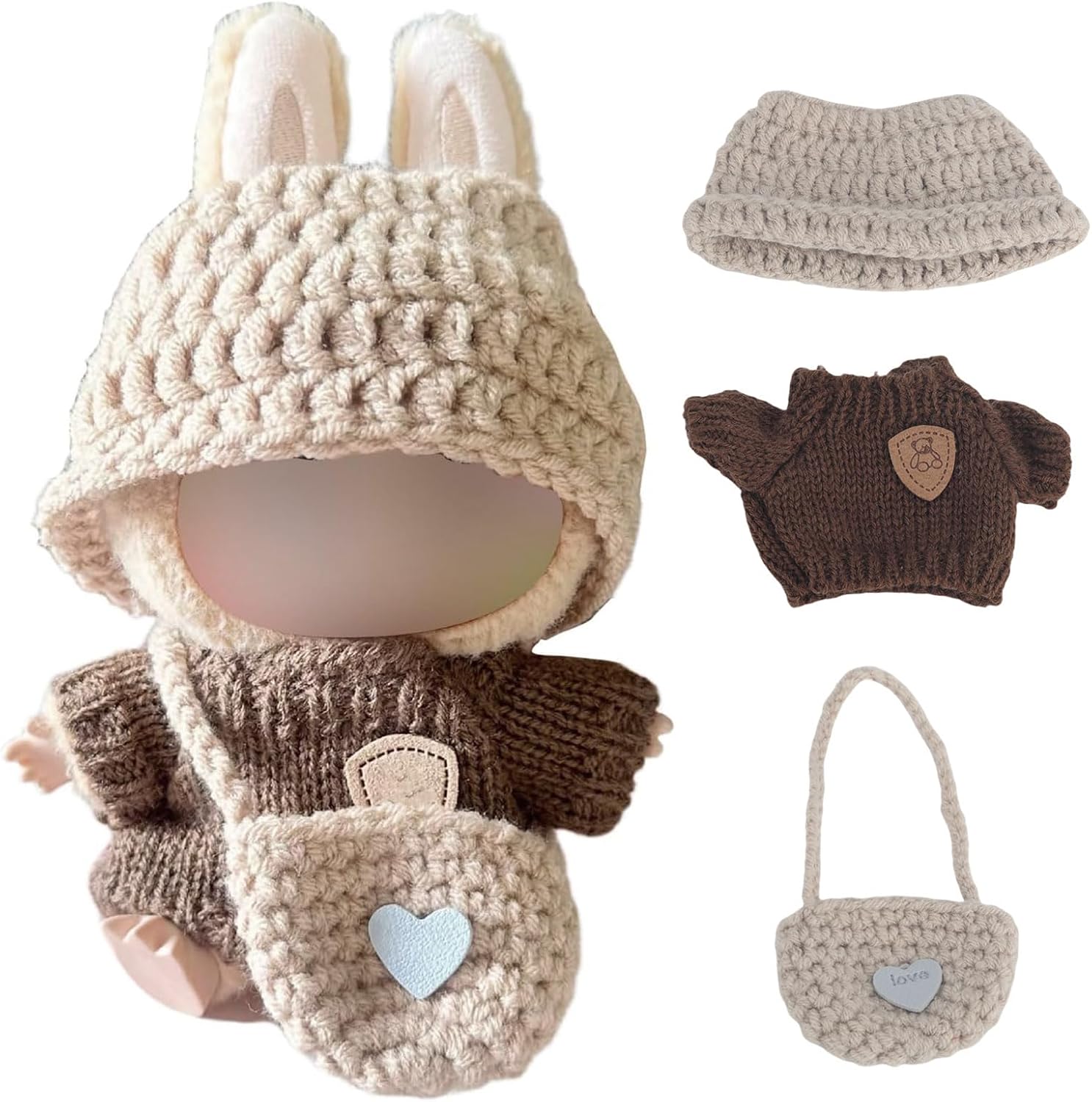 BelleVive 3-piece Clothing Set for Labubu, Crochet Outfit for Labubu Doll, Includes Hat, Shirt and Backpack, Charming Doll Outfit (doll not included)