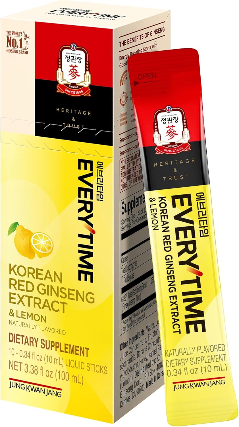 Everytime Korean Red Ginseng Extract 1,050mg & Lemon - Vegan Energy Drink Liquid Stick Supplements - Builds Stamina & Immunity, Non-GMO (10 Sticks, 0.34 fl oz)