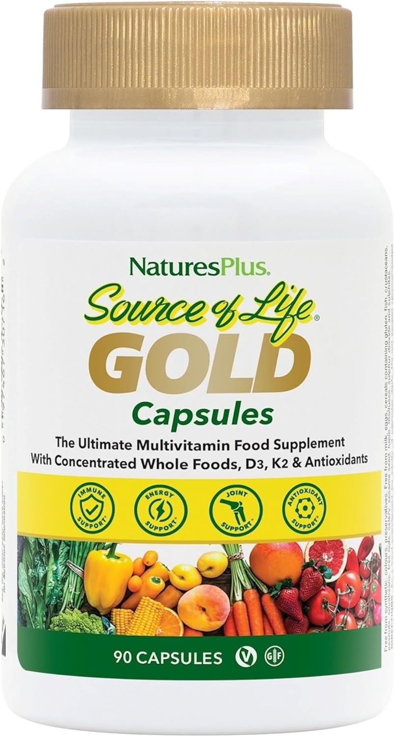 NaturesPlus Source of Life Gold Capsules - Whole Food Based Multivitamin for Men and Women, Energy, Immune, Focus - Gluten Free, Vegan - 90 Capsules