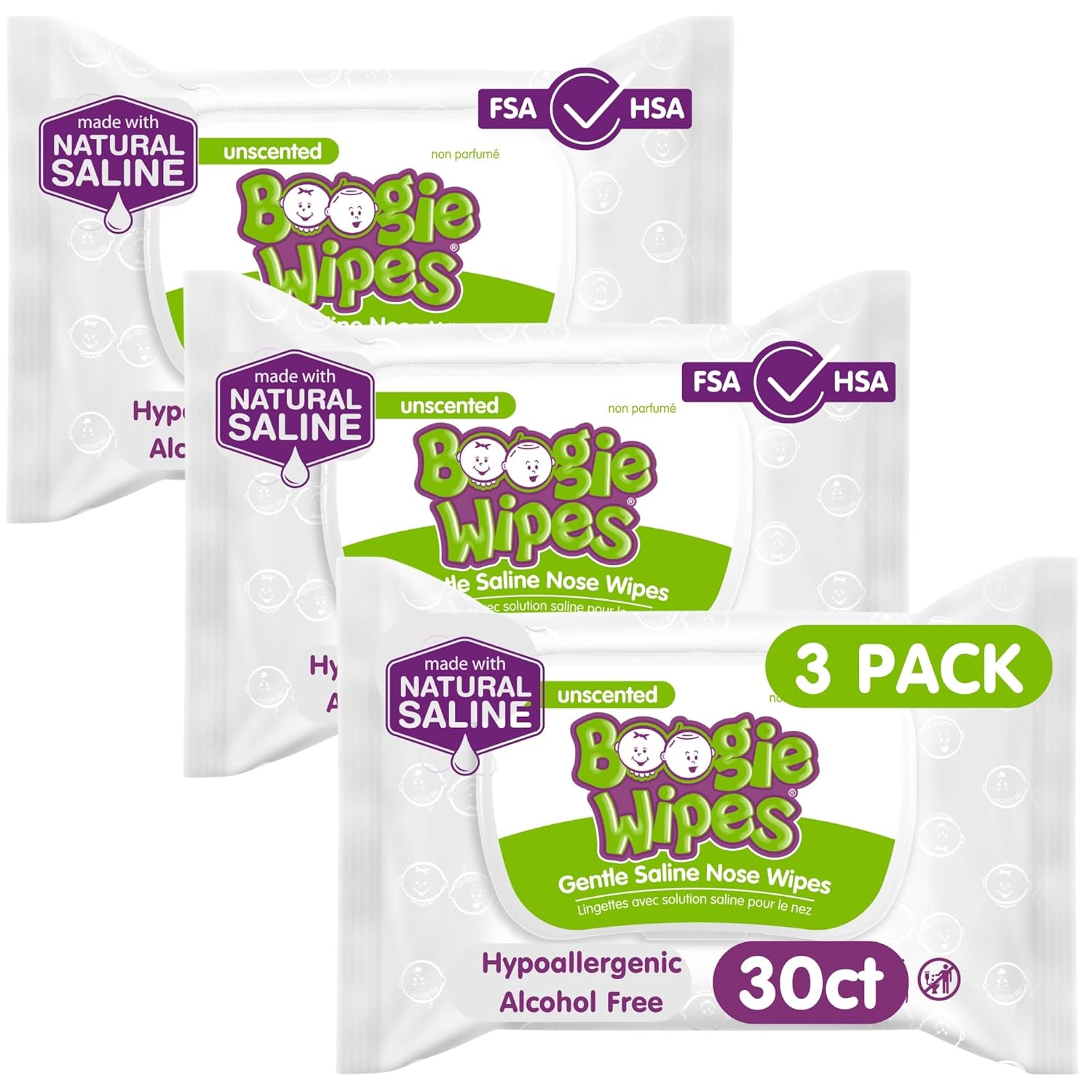 Saline Nose Wipes by Boogie, for Baby & Kids, Face, Hand & Body, FSA/HSA Eligible, Made with Vitamin E, Aloe, and Natural Saline, Unscented, 30 Count (Pack of 3)