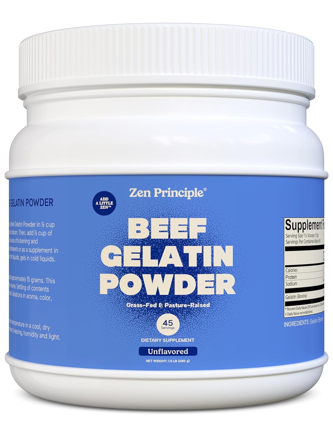 Zen Principle Grass-Fed Gelatin Powder, 1.5 lb. Custom Anti-Aging Protein for Healthy Hair, Skin, Joints & Nails. Paleo and Keto Friendly. Cooking and Baking. GMO-Free and Gluten-Free. Unflavored.