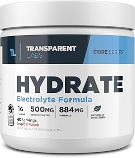 Transparent Labs Hydrate Naturally Sweetened Electrolytes Powder - Hydration Powder Electrolytes with Coconut Water, Calcium, Taurine, & Potassium - 40 Servings, Tropical Punch