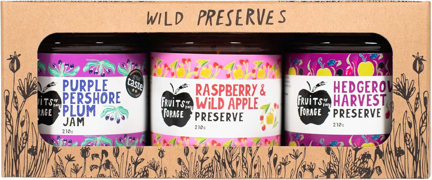 Fruits of the Forage Wild Preserves Jam Pack, Includes Hedgerow Harvest and Raspberry & Wild Apple Preserve and Purple Pershore Plum Jam, Pack of 3 210g Glass Jars