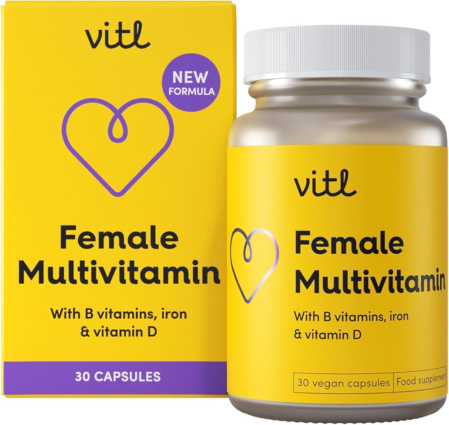 Vitl Female Multivitamin & Minerals Supplement - 30 Vegan Capsules - 21 Essential Active Vitamins & Minerals - with Vitamin D3, Vitamin B, Vitamin C, Vitamin E, Folic Acid & Iron - 1 Month Supply
