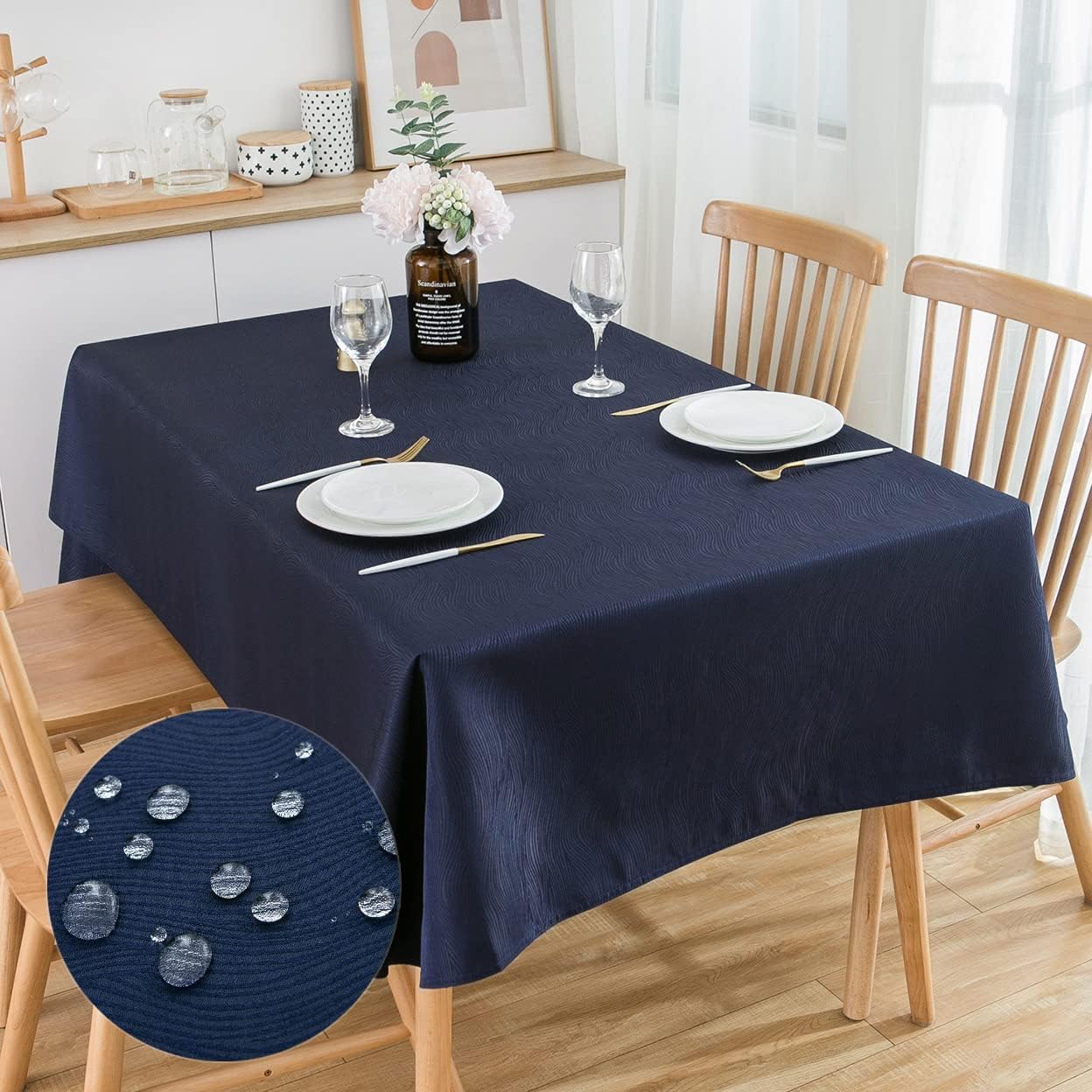 Jacquard Tablecloth Water Resistance Solid Colour Heavy Weight Soft Table Cover, Machine Washable, Rectangle 210x150cm, Navy Blue