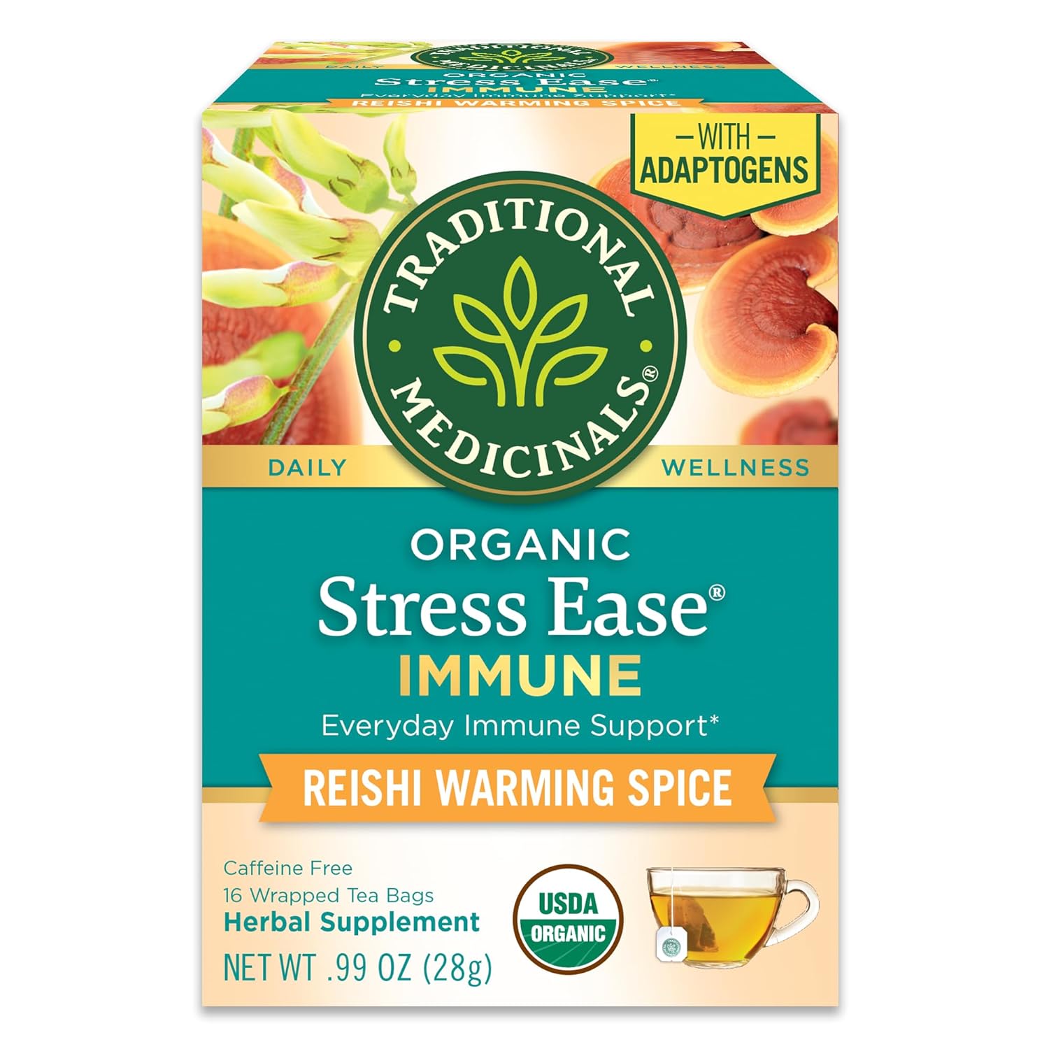 Traditional Medicinals Organic, Stress Ease Immune with Adaptogens, Reishi Warming Spice - Immune Support with Astragalus - Kosher, Non-GMO, Caffeine-Free, Compostable - 16 Tea Bags