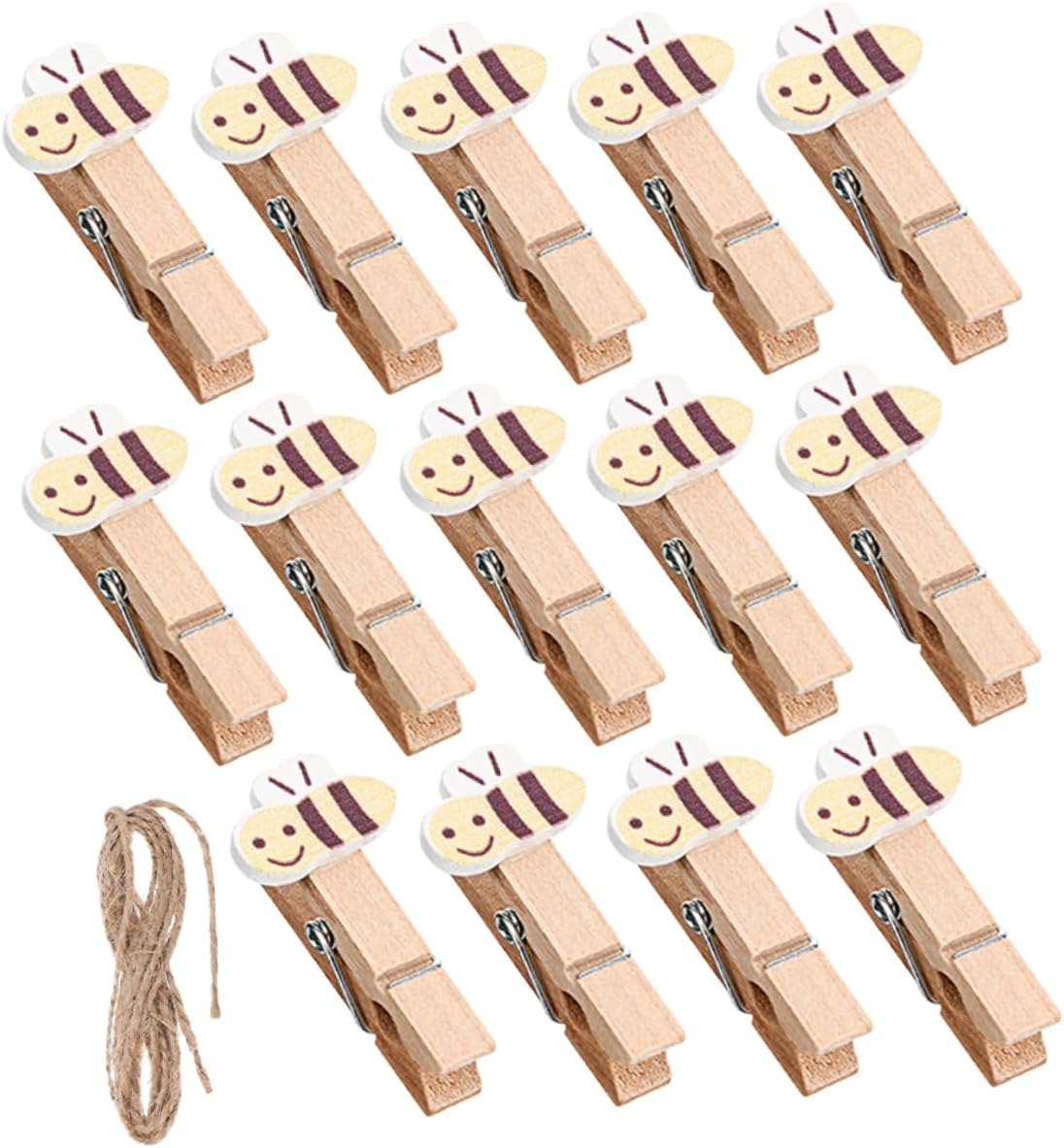 IMIKEYA 50PCS Mini Wooden Clothespins with Bees and Jute String for Craft Projects Photo Displays Snack Bag Sealing and Bee Themed Party Decorations