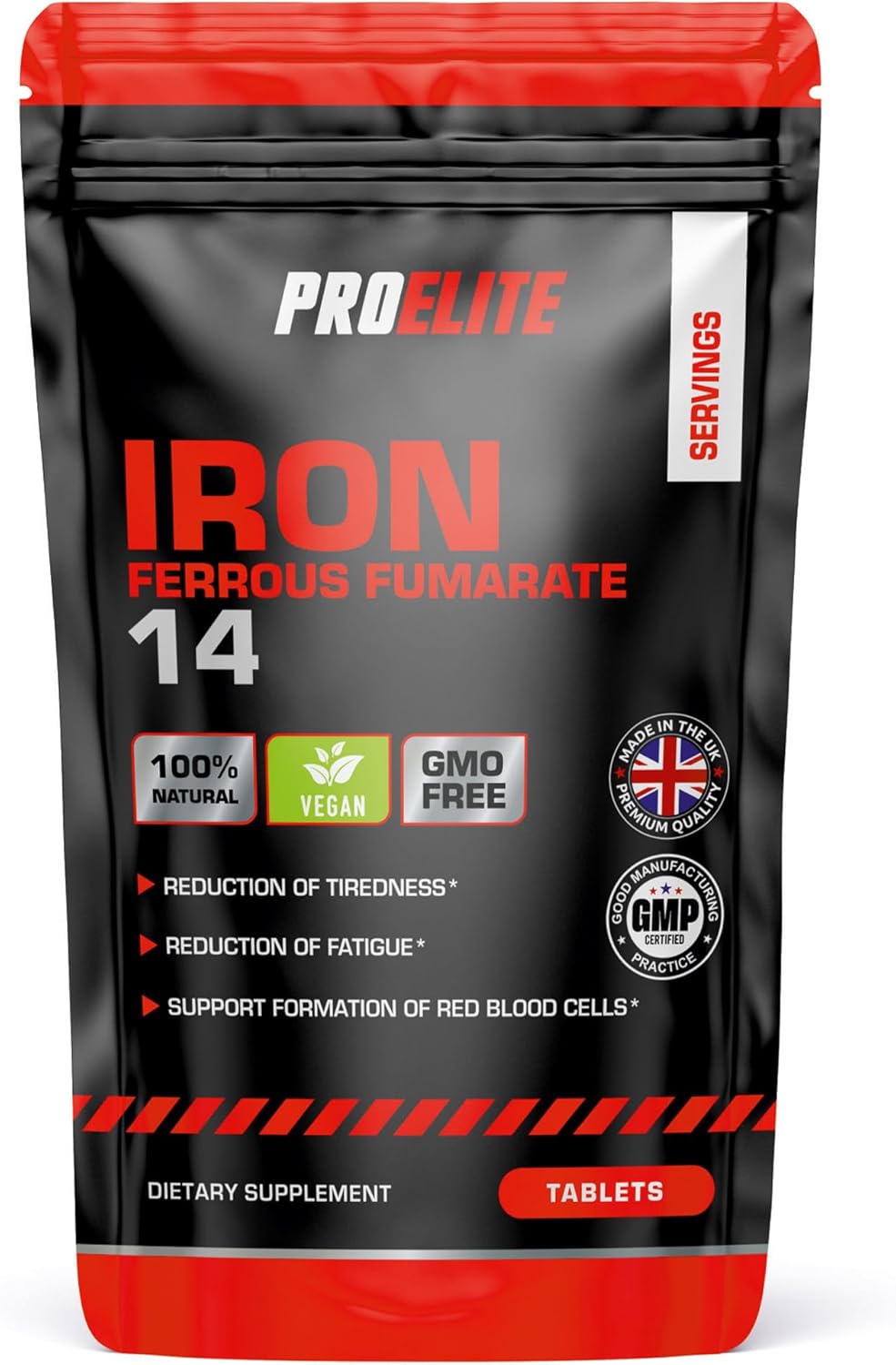 Iron Tablets High Strength 14mg - 365 Tablets - Vegan Energy Tablets for Tiredness and Fatigue - High Absorption Iron Supplements for Women and Men - Made in The UK by PROELITE