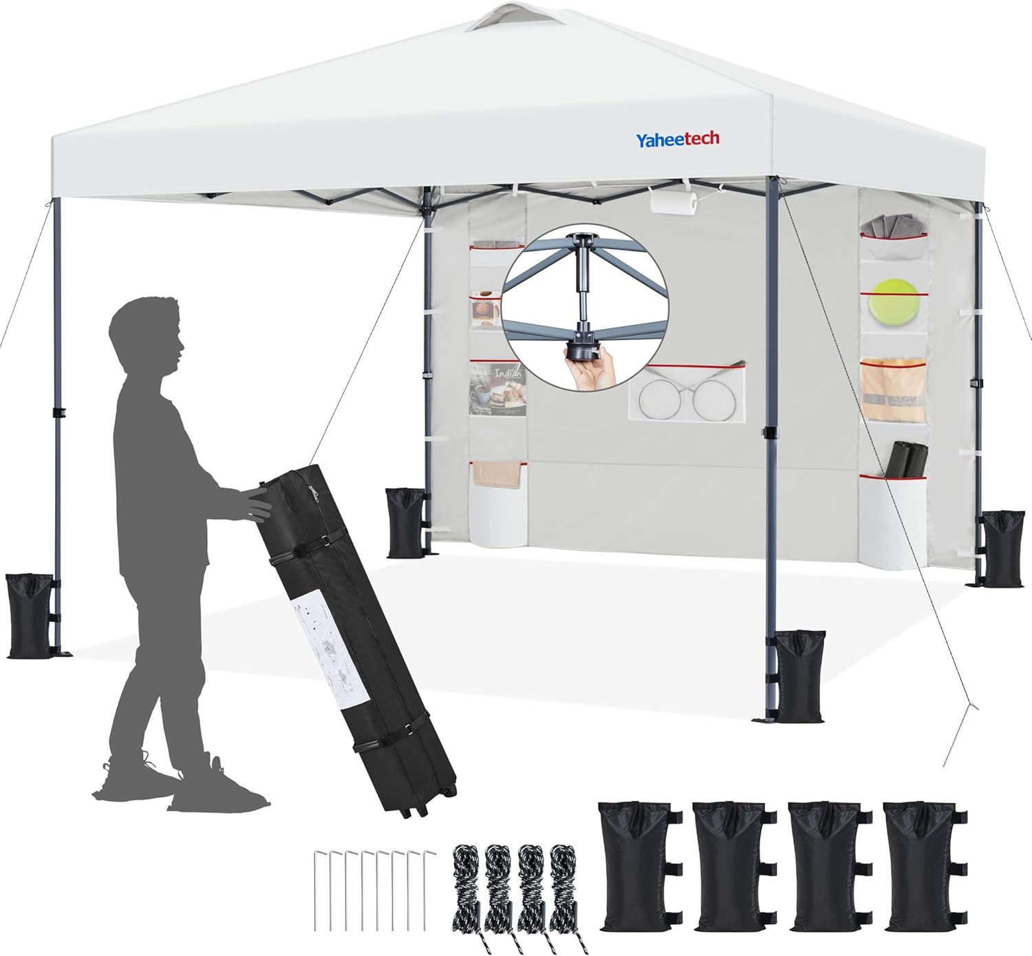 Yaheetech 10x10 Pop-up Canopy Tent w/Removable Pockets Sidewall for Extra Storage, Outdoor Sun Shelter Waterproof & Durable w/Wheeled Bag, Sandbags & Guylines for Beach Camping Party (White)