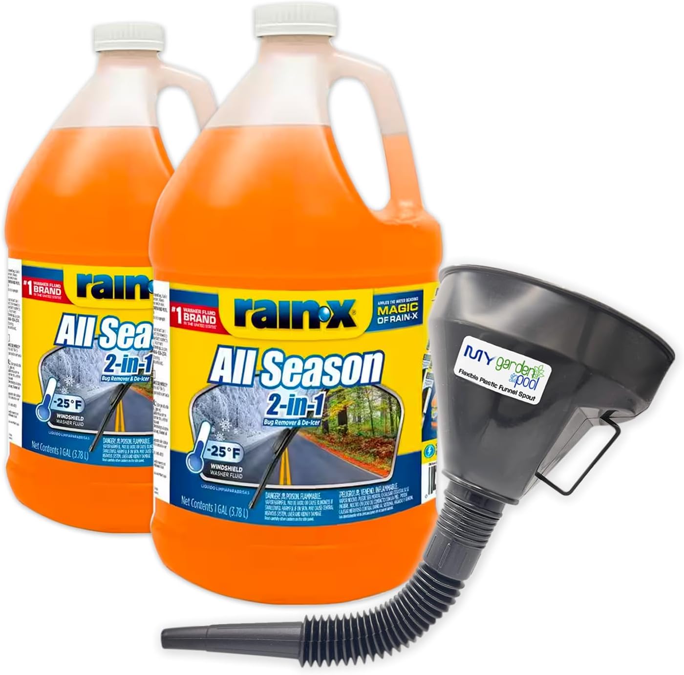My Garden Pool Rain-X 2-in-1 All Season Washer Fluid Two Pack, 2 x 1 Gallon - Ultimate Visibility, Protection Plastic Funnel Spout for Easy Pouring