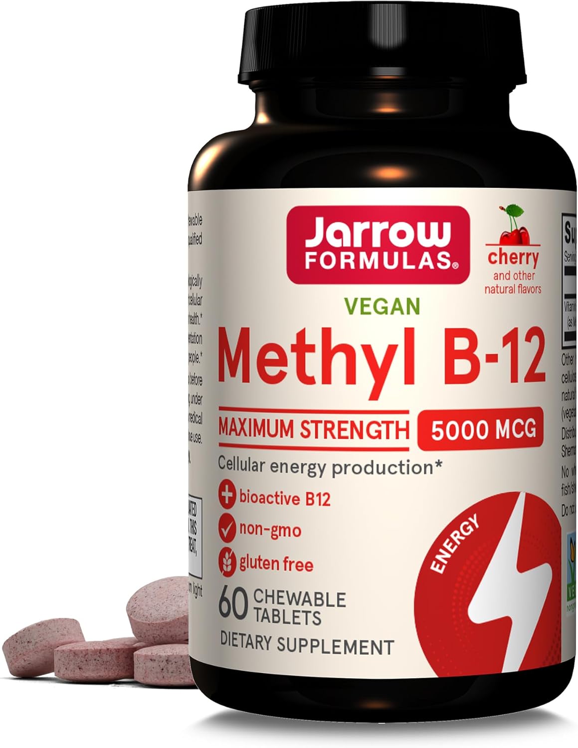 Jarrow Formulas Vitamin B12 5000 mcg - Maximum Strength for Cellular Energy and Brain Health, 60 Cherry Chewable Tablets, B12 Vitamins 5000 mcg