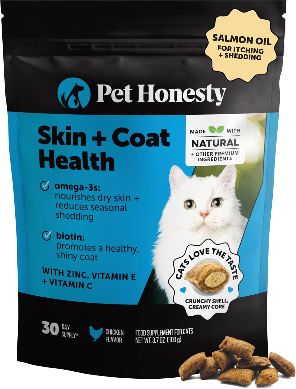 Cat Skin & Coat Supplement Crunchy Creamy Chews - Salmon Oil for Cats Omega 3 Itchy Dry Skin Relief - Feline Shedding Control - Biotin Vitamins for Indoor Cats Shiny Soft Coat (30-Day Supply)