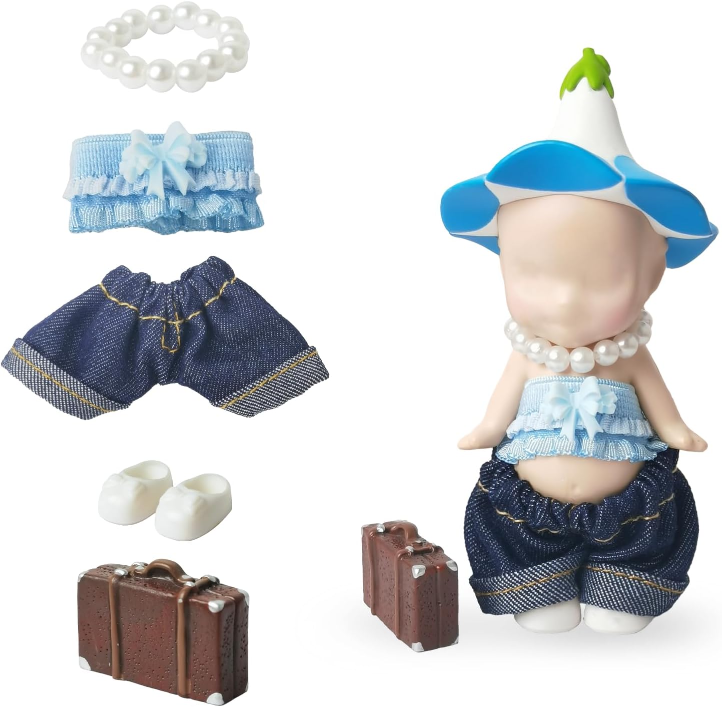 5PCS Doll Clothes for Sonny Angel, Fits 3 Inch Minifigures Outfit Includes Pants, Top, Shoes, Necklace & Suitcase, Cute Display and Decoration Accessories for Collectors, Doll Not Included (Blue)