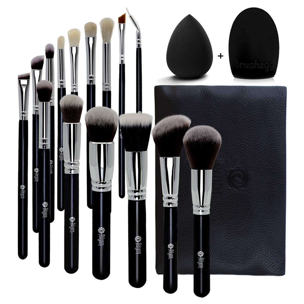 15pcs Makeup Brush Set Make up Brushes Soft and Dense Vegan Bristles Powder Foundation Eyeliner Eyebrow Blush Eyeshadow Blending Brush Kit with Case and Makeup Sponge Brush Cleaner