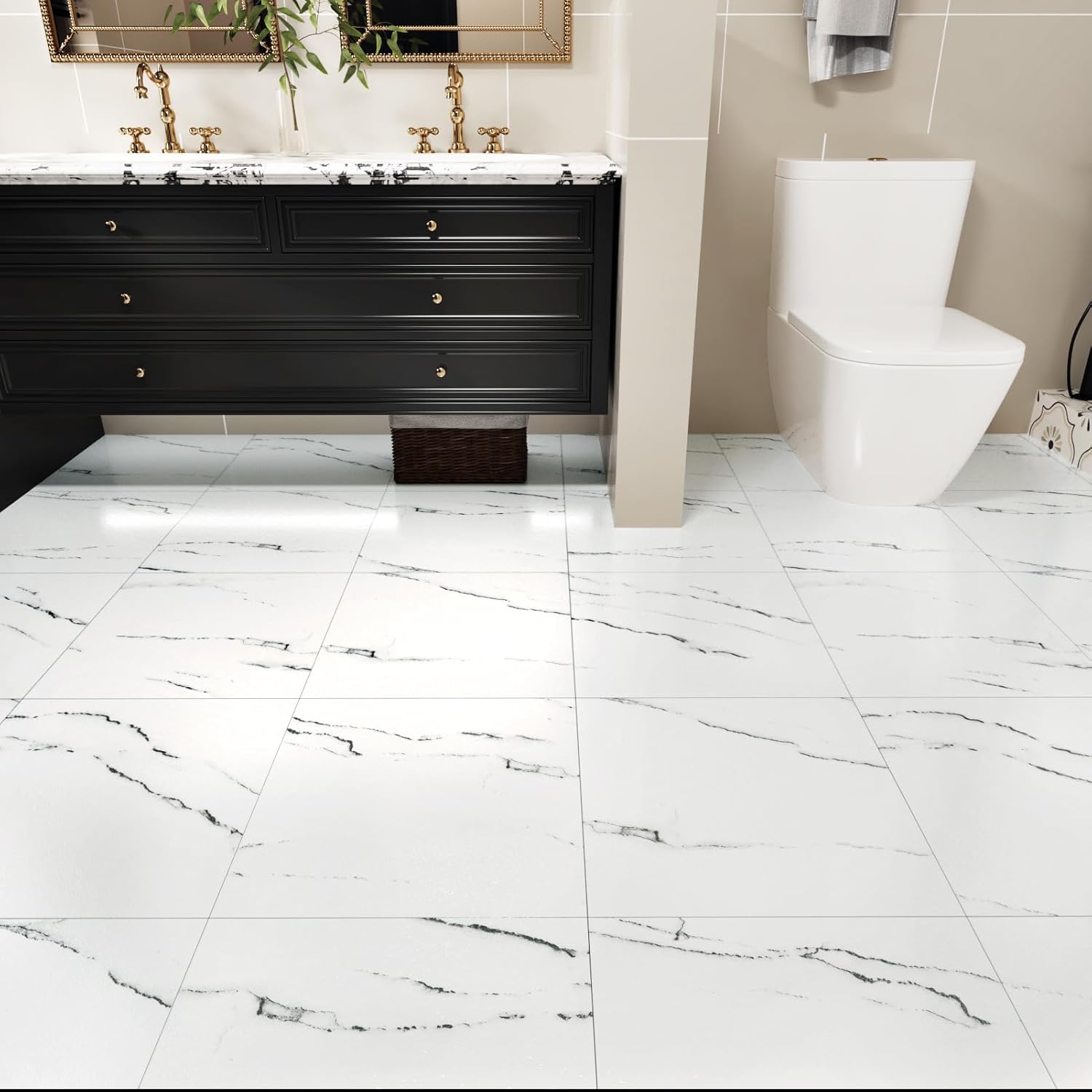 WESTICK 20 Tiles White Marble Floor Tile Bathroom Vinyl Tiles Peel and Stick Floor Waterproof Marble Vinyl Flooring Tile Removable Sticky Tile for Kitchen Bedroom Living Room Grey White 12" x 12"