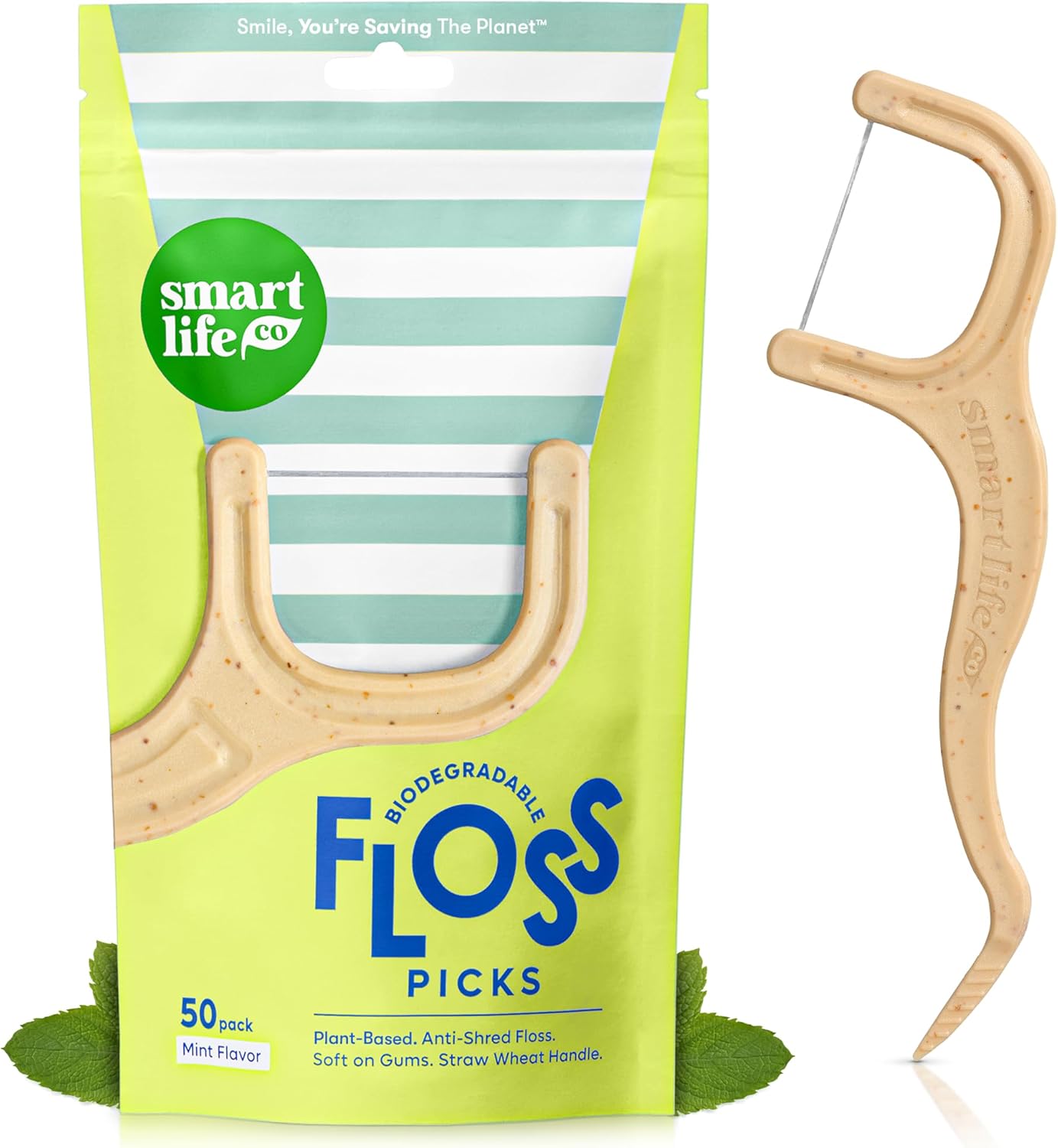 SMARTLIFECO Biodegradable Dental Floss Picks - Plant Based Handle, Thin Thread Tooth Flossers for Adults & Kids, Eco Friendly Toothpick Soft on Gum & Teeth, Compostable Zero Waste Vegan, 1 Bag - 50pk