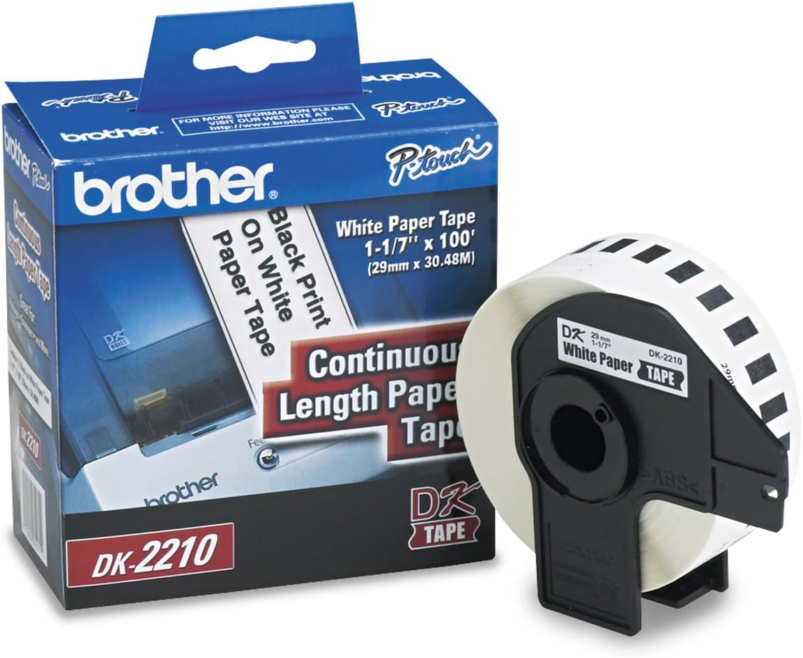 Brother Genuine DK-2210 Continuous Length Black on White Paper Tape for Brother QL Label Printers, 1.1" x 100' (29mm x 30.4M), 1 Roll per Box, DK2210