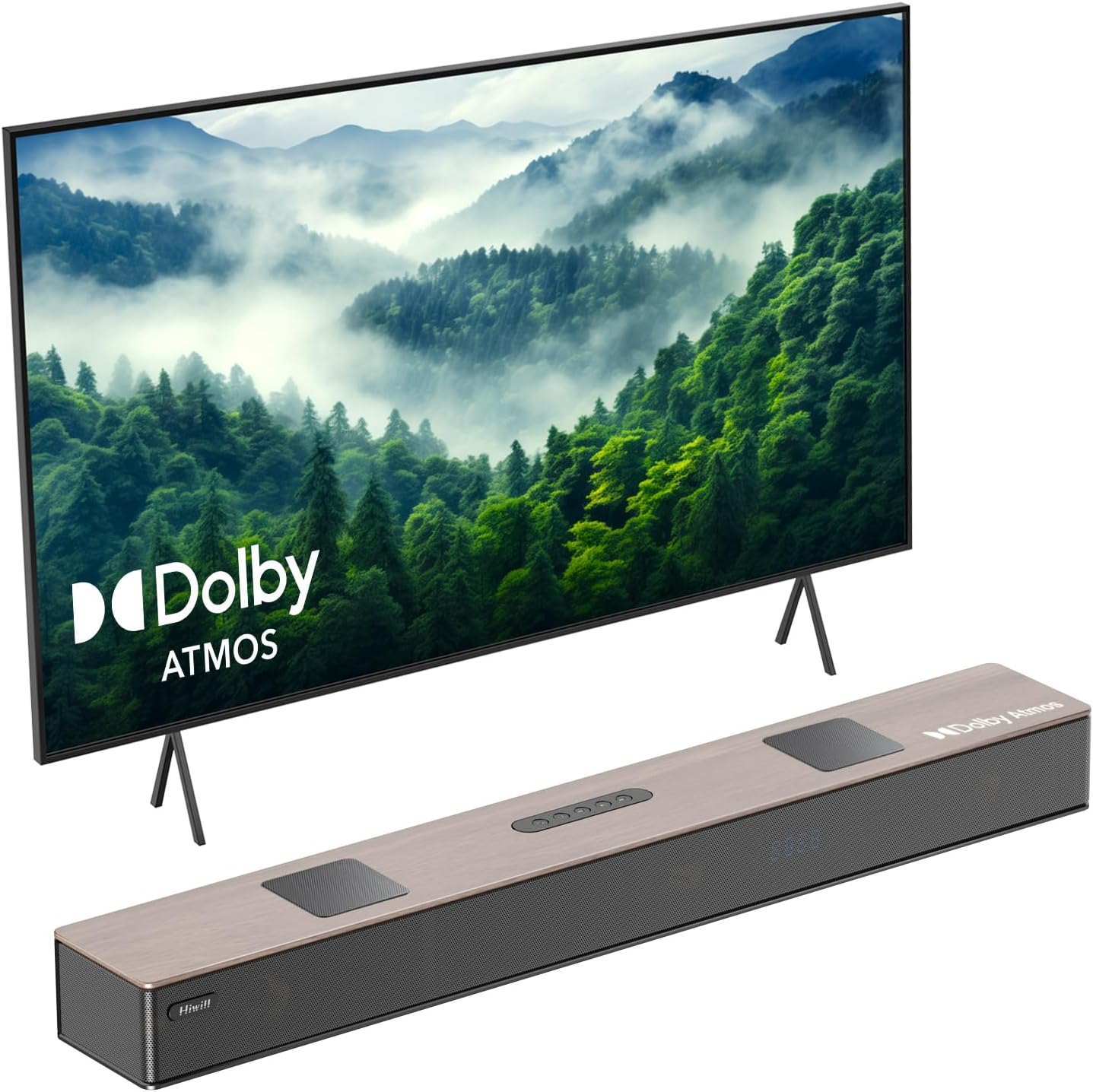 Hiwill 5.2.2ch Wooden Dolby Atmos Soundbar, All-in-one Sound Bar for TV with Dual Built-in Subwoofer, Resonance Optimization Architecture Tech, Surround Sound System for TV Speakers, WoNoble A502