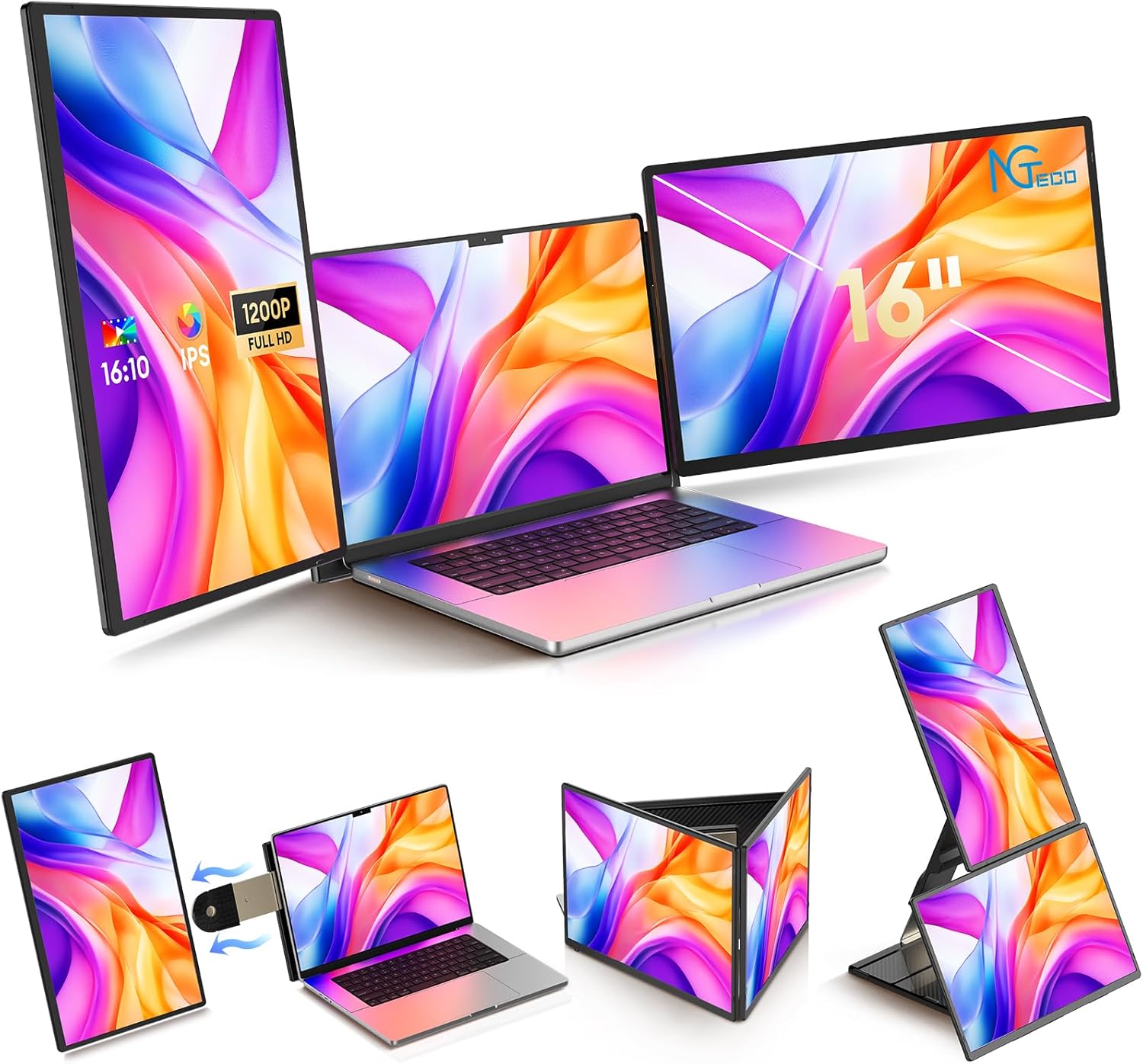 NGTeco Laptop Screen Extender Monitor, 16" FHD 1200P IPS Triple Screen for Laptops 13-17", Portable Monitor with Type-C/HDMI/USB-A, Plug & Play for Windows/Mac/Chrome