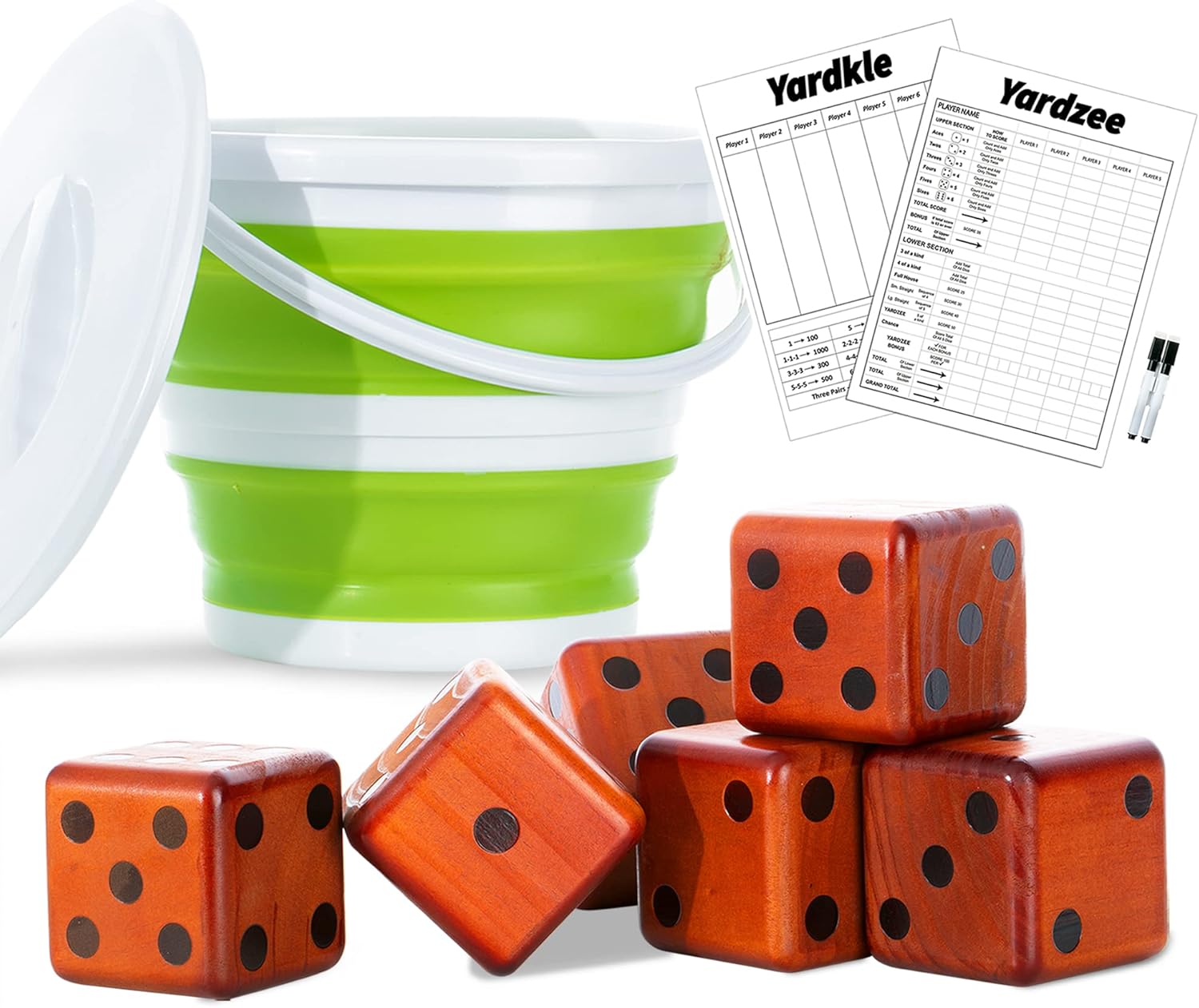 SPORT BEATS Giant Varnished Pine Wood Yard Dice, Outdoor Games Set of 6 with Two Games and Collapsible Bucket