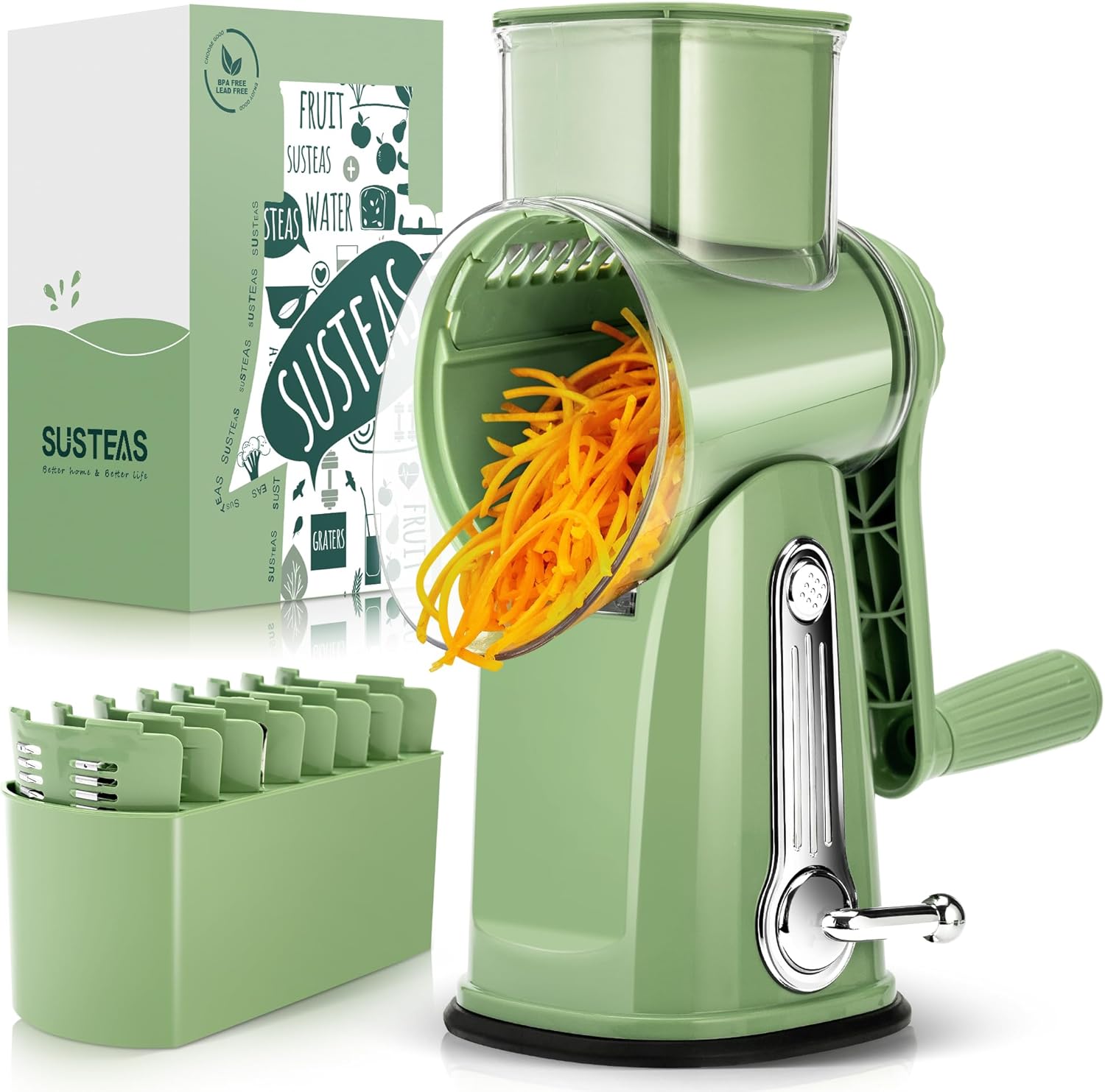 SUSTEAS Rotary Cheese Grater,Vegetable Slicer with 5 Interchangeable Blades,Strong Suction Base,Rotary Drum Grater&Food Shredder for Kitchen,with Blade Storage Box-Ideal for Cheese,Cucumber,Carrot,Nut