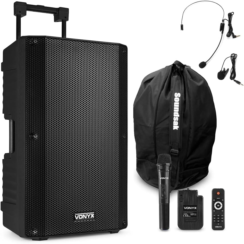 VONYX VSA700-BP Portable PA System with 15" Speaker, Wireless Handheld and Headset Microphones, Bluetooth, USB Playback, Rechargeable Battery, 1000W Power and Protective Speaker Bag Included