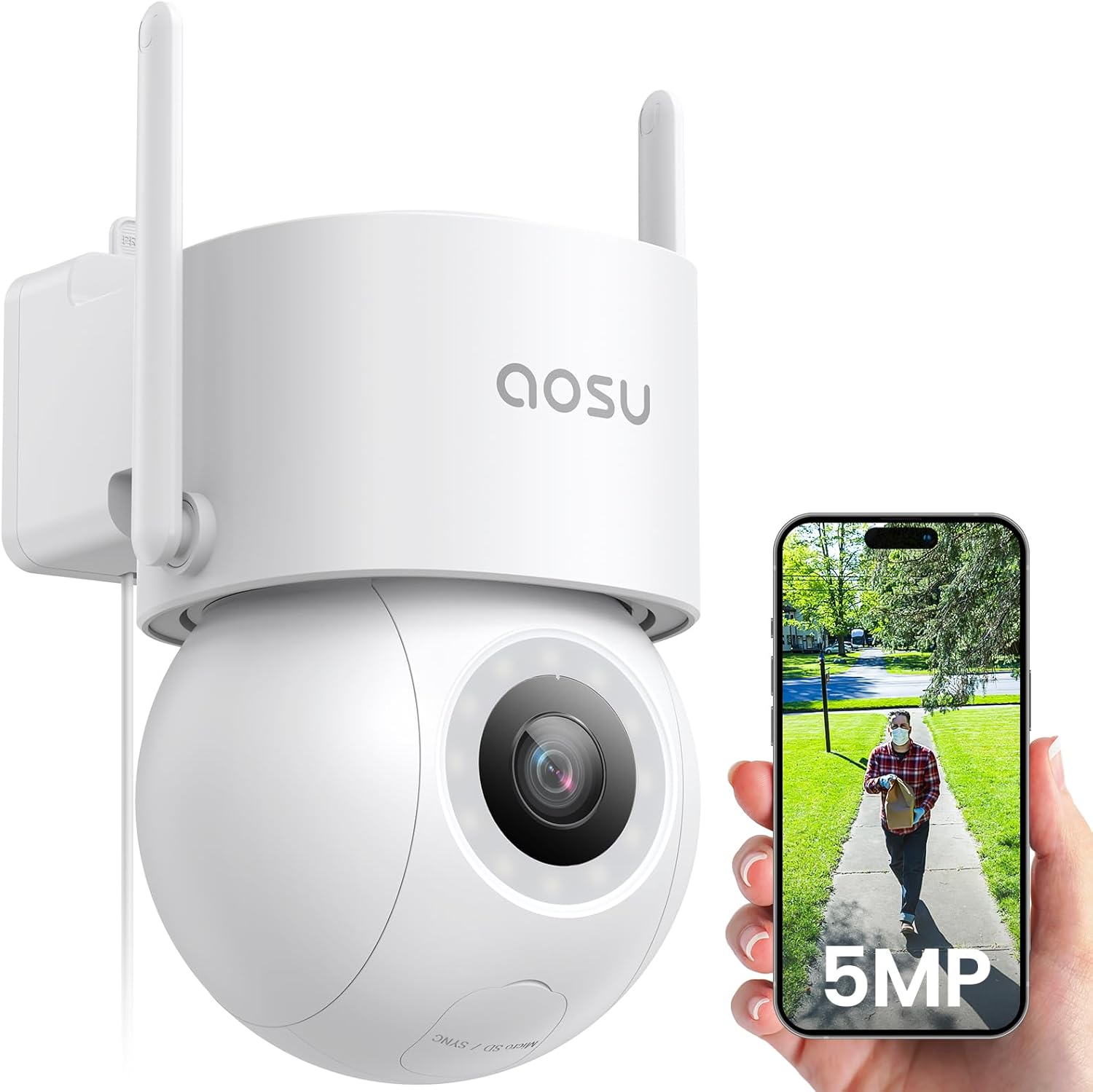 AOSU 3K 5MP Security Camera Outdoor Wifi Wired with 400Lm Spotlight Full Color Night Vision, 360°PTZ CCTV Camera, Surveillance Cameras 24/7 Recording, Vehicle Security and Protection, Spot Cruise