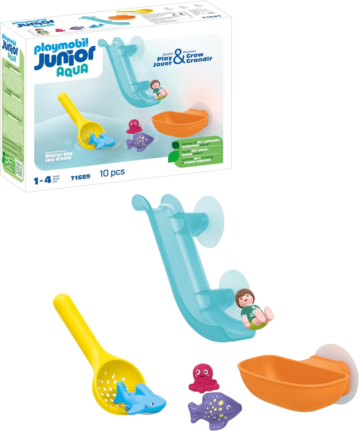 Playmobil 71689 JUNIOR AQUA: Water Slide with Sea Animals, including Baby Shark, Fish and Baby Octopus, sustainable toy made from plant-based plastics, play sets suitable for children ages 1+