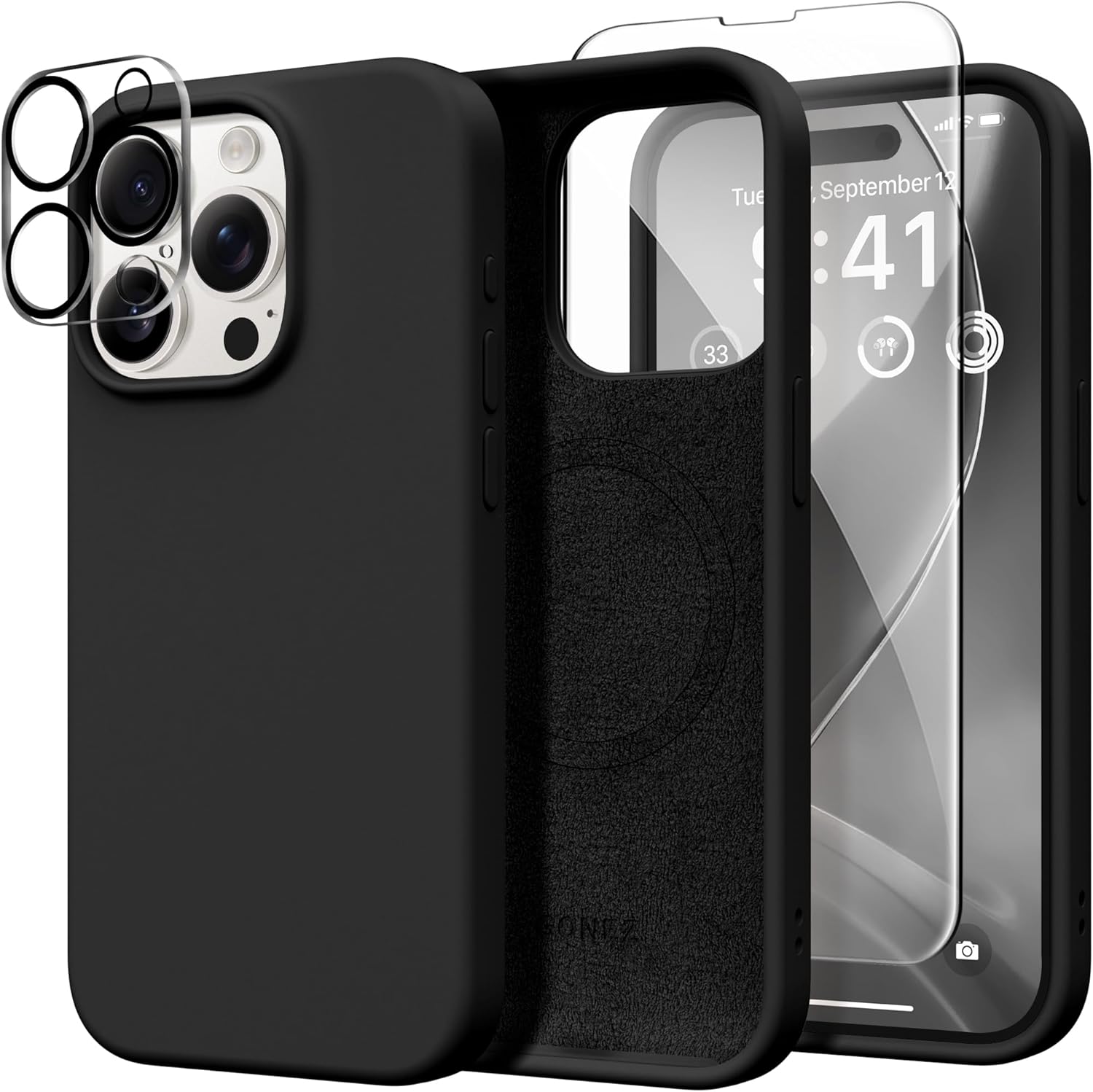 GONEZ Magnetic for iPhone 15 Pro Case, Compatible with MagSafe, [Screen Protector + Camera Lens Protector], Silicone Shockproof Anti-Scratch Protective Phone Case 6.1 inch, Black