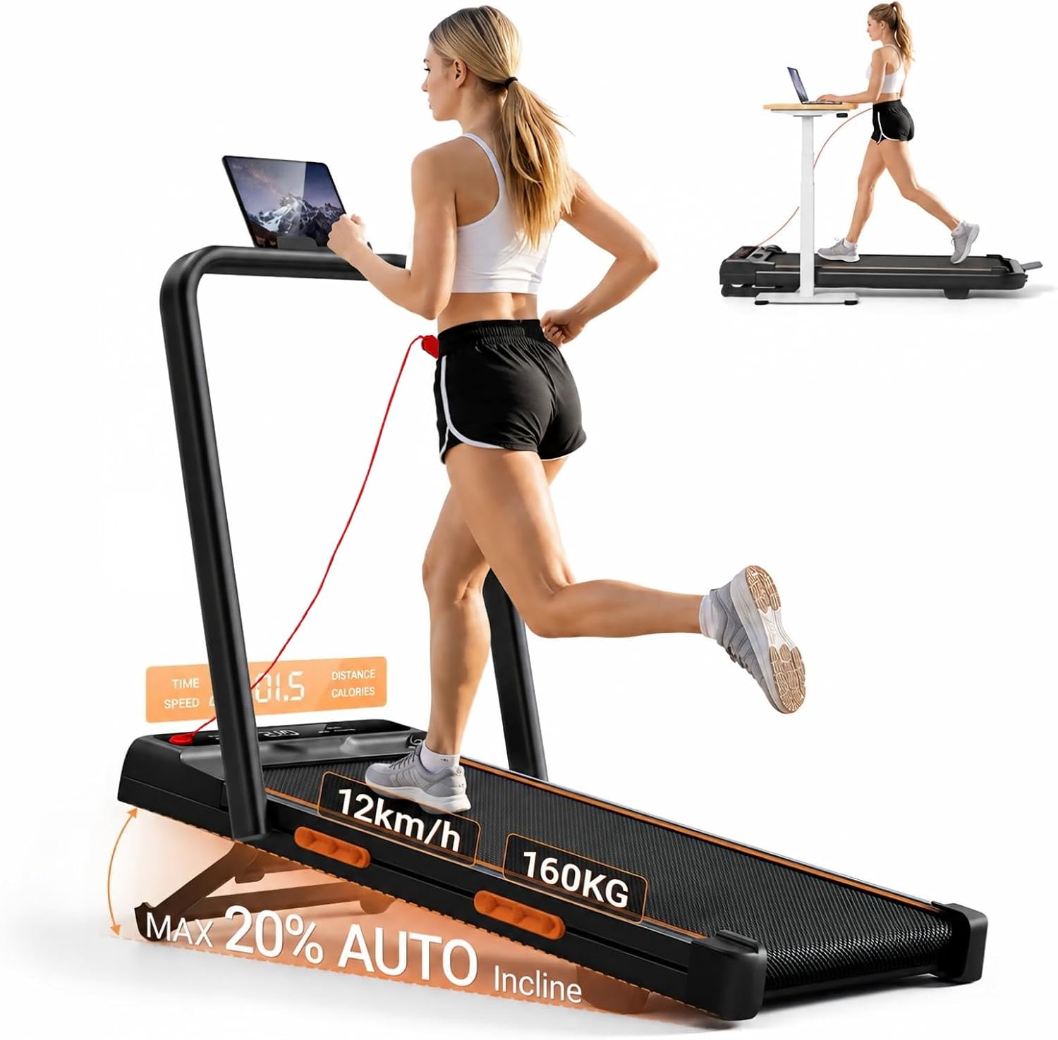 20% Auto Incline Walking Pad, 12 km/h Foldable Treadmill, 180 kg Max Weight