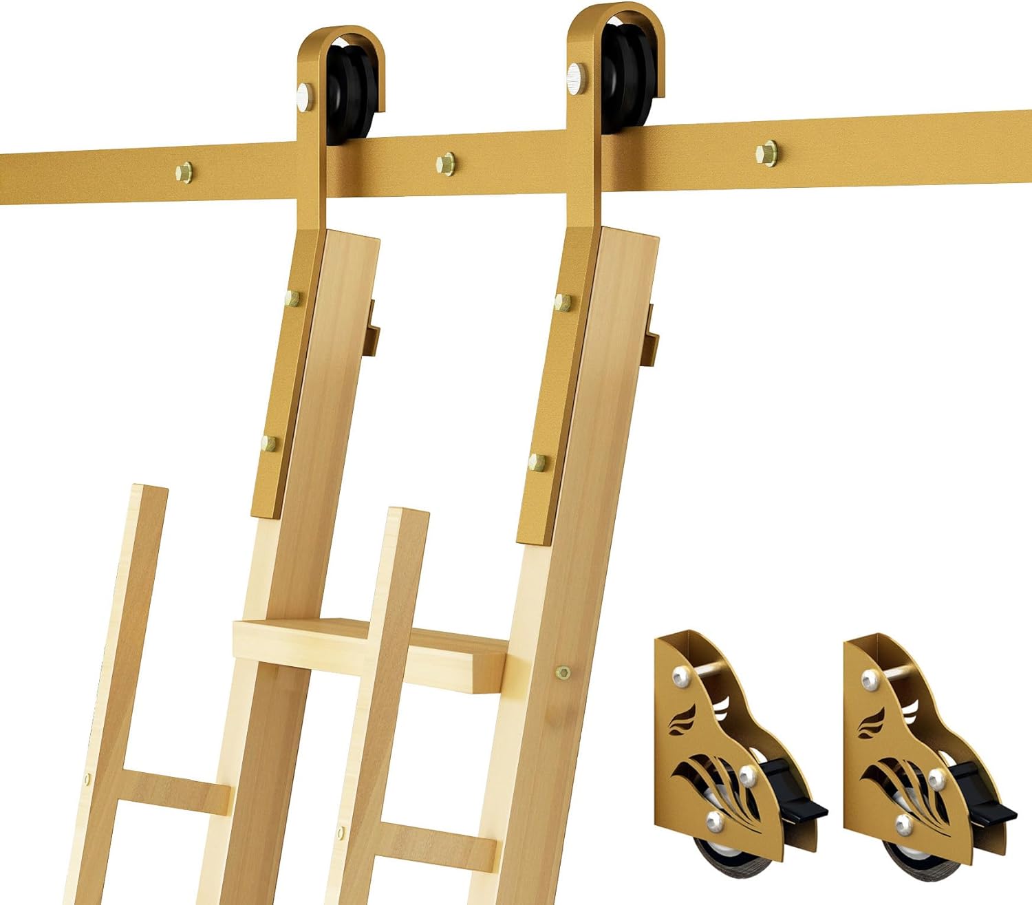 DIYHD 5FT Sliding Library Ladder Hardware Kit, Rolling Track System with Braking Floor Rollers, Gold Finish, Ladder Not Included