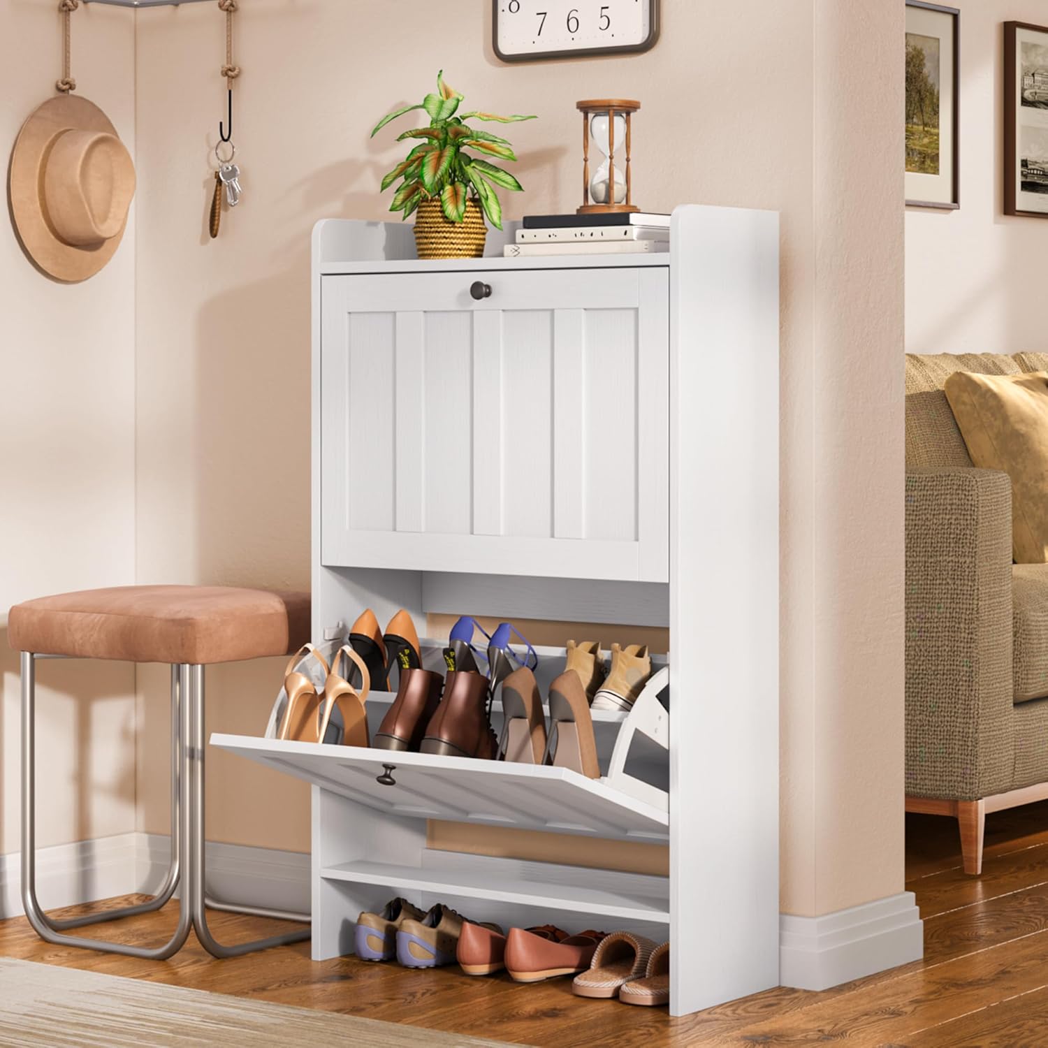 Gizoon Shoe Cabinet with 2 Flip Drawers, Slim Shoe Storage Cabinet for Entryway, Freestanding Narrow Rack with Open Storage, for Hallway, White