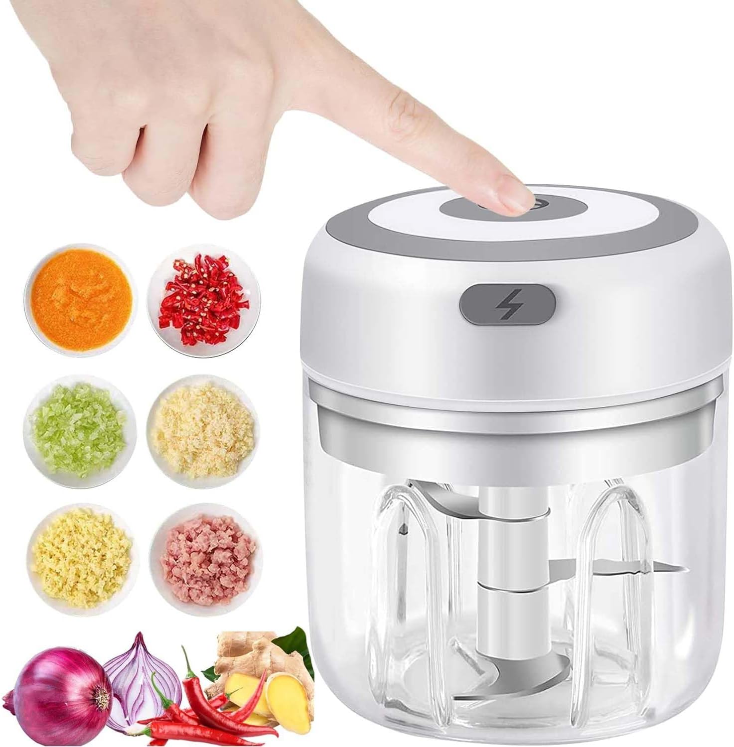 VOUM Mini Food Chopper Electric - Food Processor and Blender, USB Charging Portable Vegetable Fruit Meat Garlic Onion Ginger Chopper with 3 Sharp Blades Grinder,Kitchen Gadget (white-250ml)
