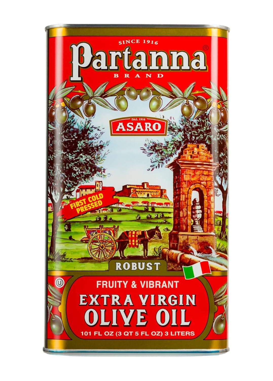 Partanna Robust Extra Virgin Olive Oil - Premium Castelvetrano Oil - Harvested in Sicily - Pure Authentic Italian - Monovarietal - Rich in Flavor - First Cold Pressed - 101 fl oz (3 L) Tin