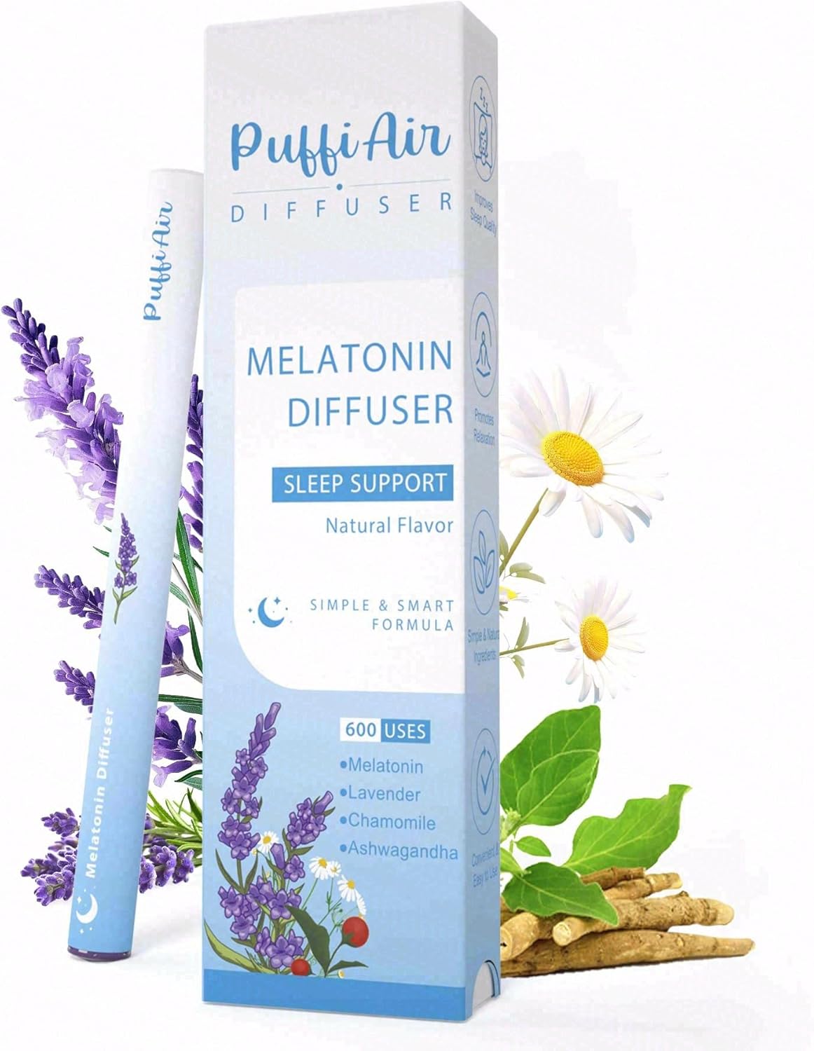PUFFIAIR Herbal Breathing Tool With Natural Oils| Lavender-Chamomile Scented Breath Stick Non-Electric Tube Design With Natural Filter | Calm Breathing Support | promotes relaxation -600 Uses
