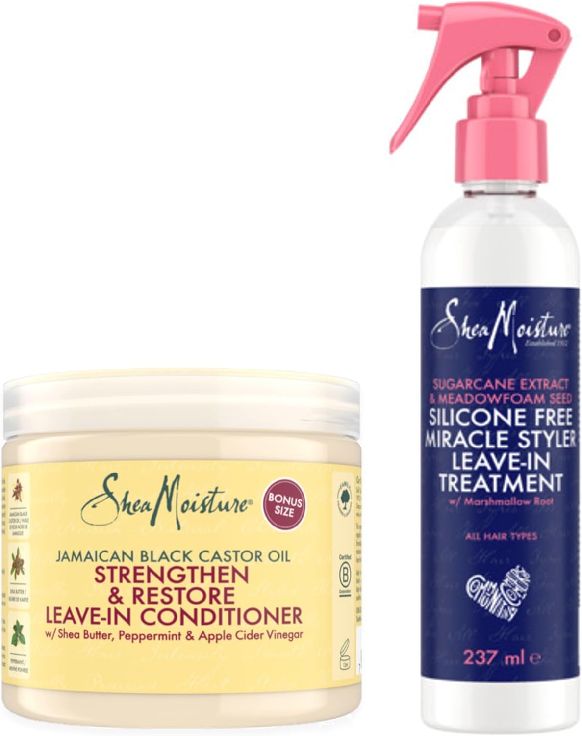 SheaMoisture Jamaican Black Castor Oil Strengthen & Restore Leave-In Conditioner 431 ml & SheaMoisture Sugarcane Extract & Meadowfoam Seed Miracle Hair Styler Leave-In Treatment 237 ml