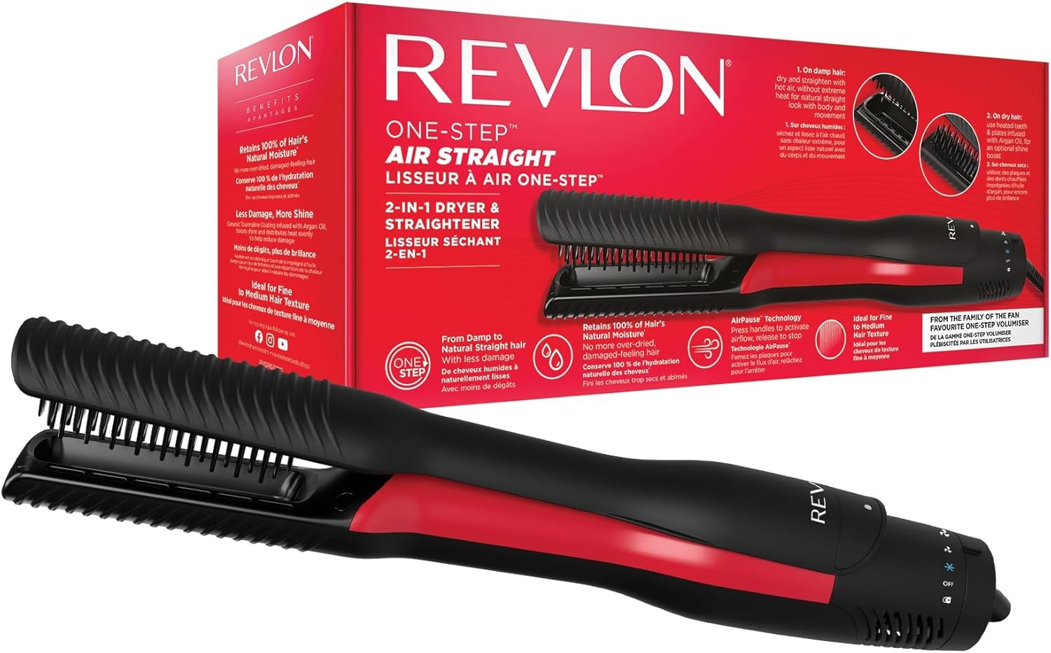 Revlon One-Step Air Straight 2-in-1 Dryer & Straightener | Hot Air Dry & Straighten Without Extreme Heat, Optional Shine Boost with Argan Oil Infused Teeth & Plates | RVDR5330UK